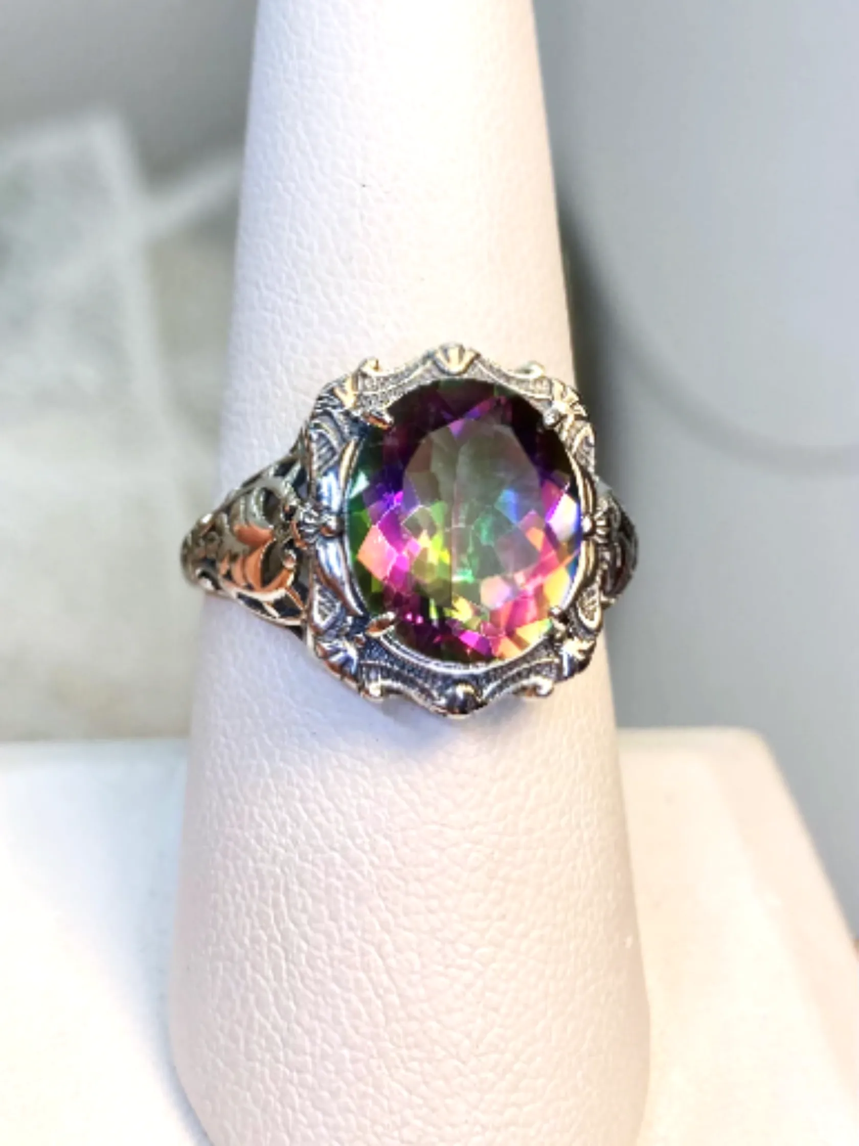 Mystic Topaz Ring, Oval Art Nouveau Style, Vintage Sterling Silver Filigree Ring, Beauty Ring, D229
