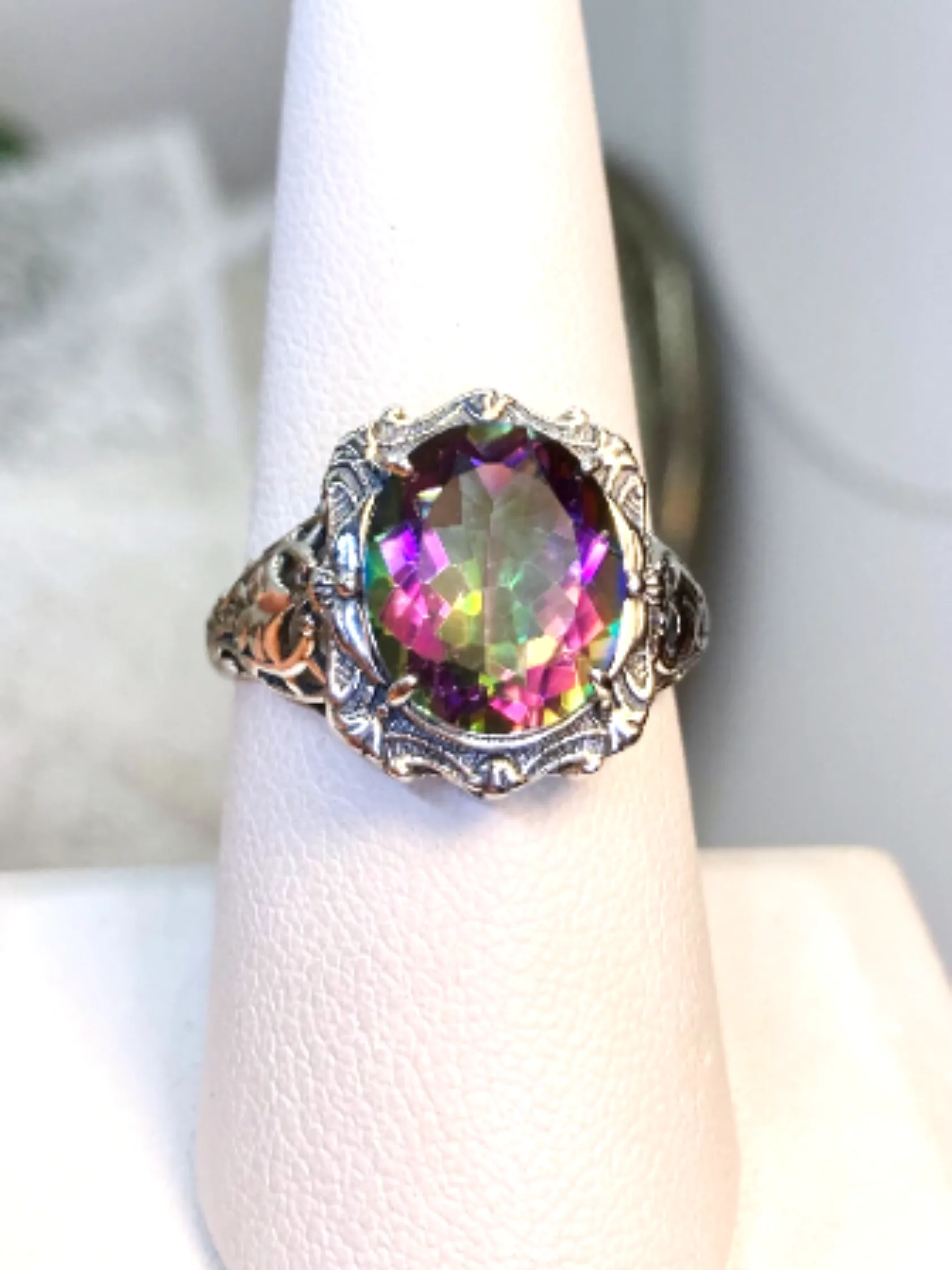 Mystic Topaz Ring, Oval Art Nouveau Style, Vintage Sterling Silver Filigree Ring, Beauty Ring, D229