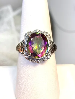 Mystic Topaz Ring, Oval Art Nouveau Style, Vintage Sterling Silver Filigree Ring, Beauty Ring, D229