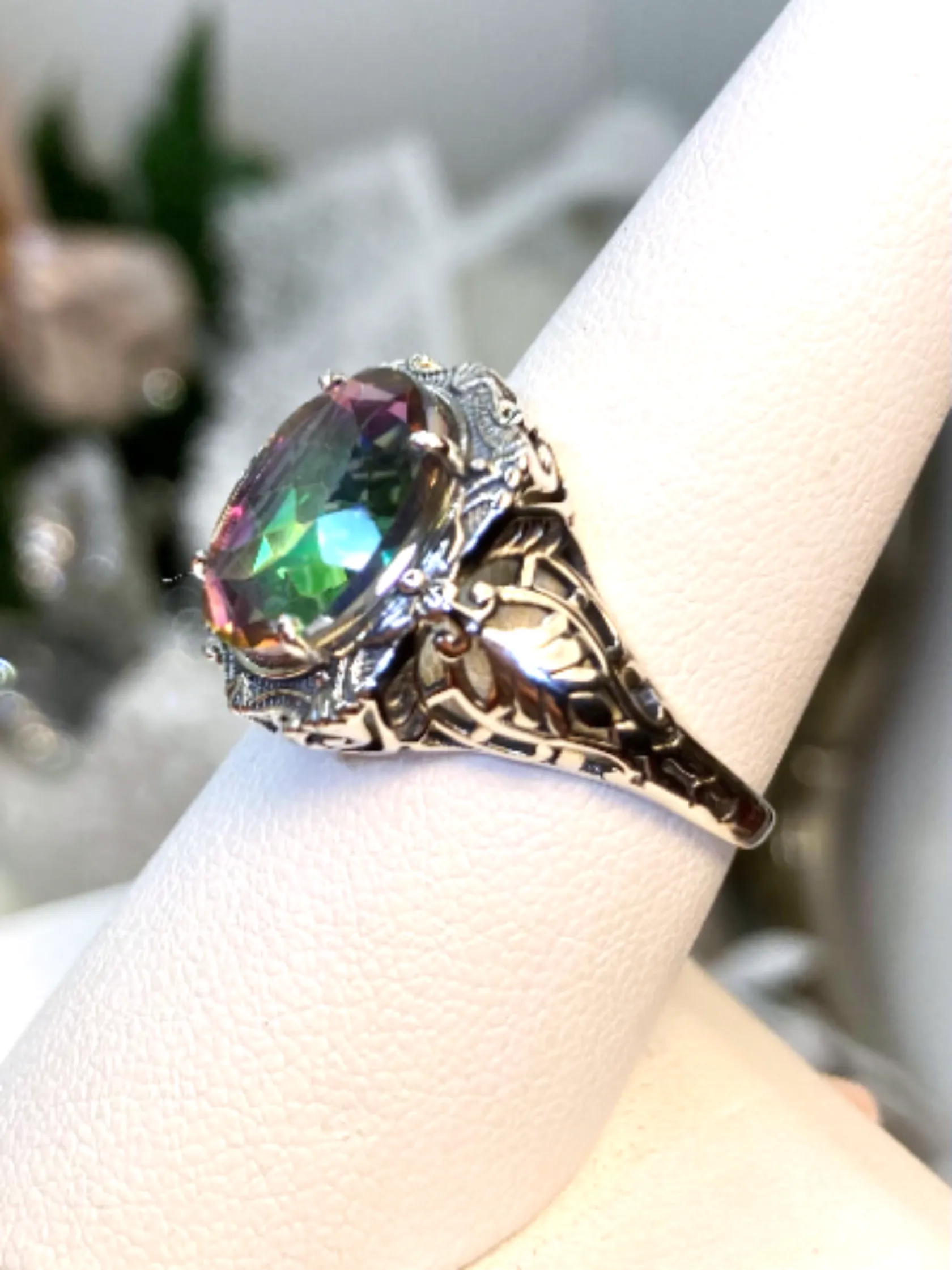 Mystic Topaz Ring, Oval Art Nouveau Style, Vintage Sterling Silver Filigree Ring, Beauty Ring, D229