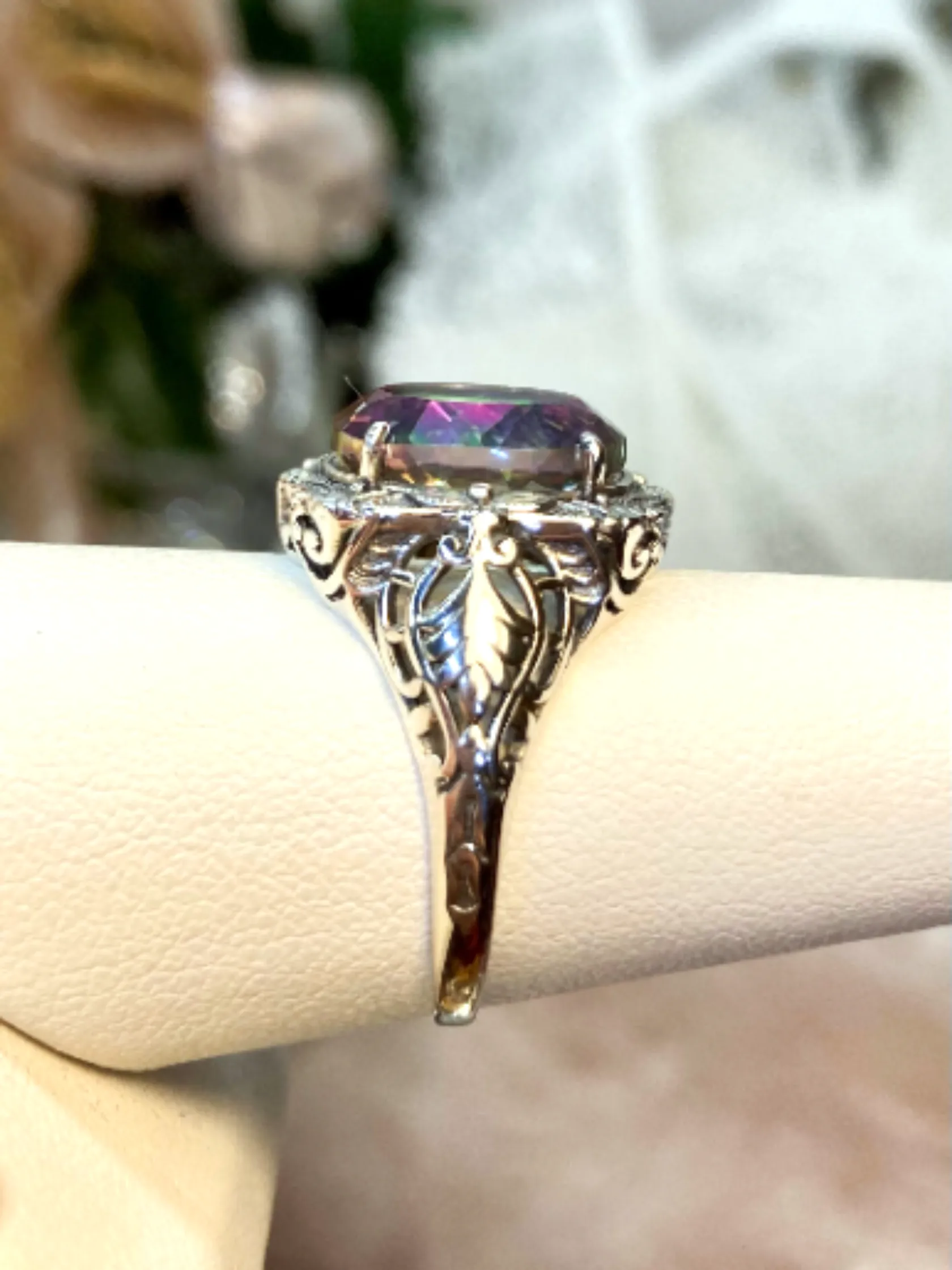 Mystic Topaz Ring, Oval Art Nouveau Style, Vintage Sterling Silver Filigree Ring, Beauty Ring, D229