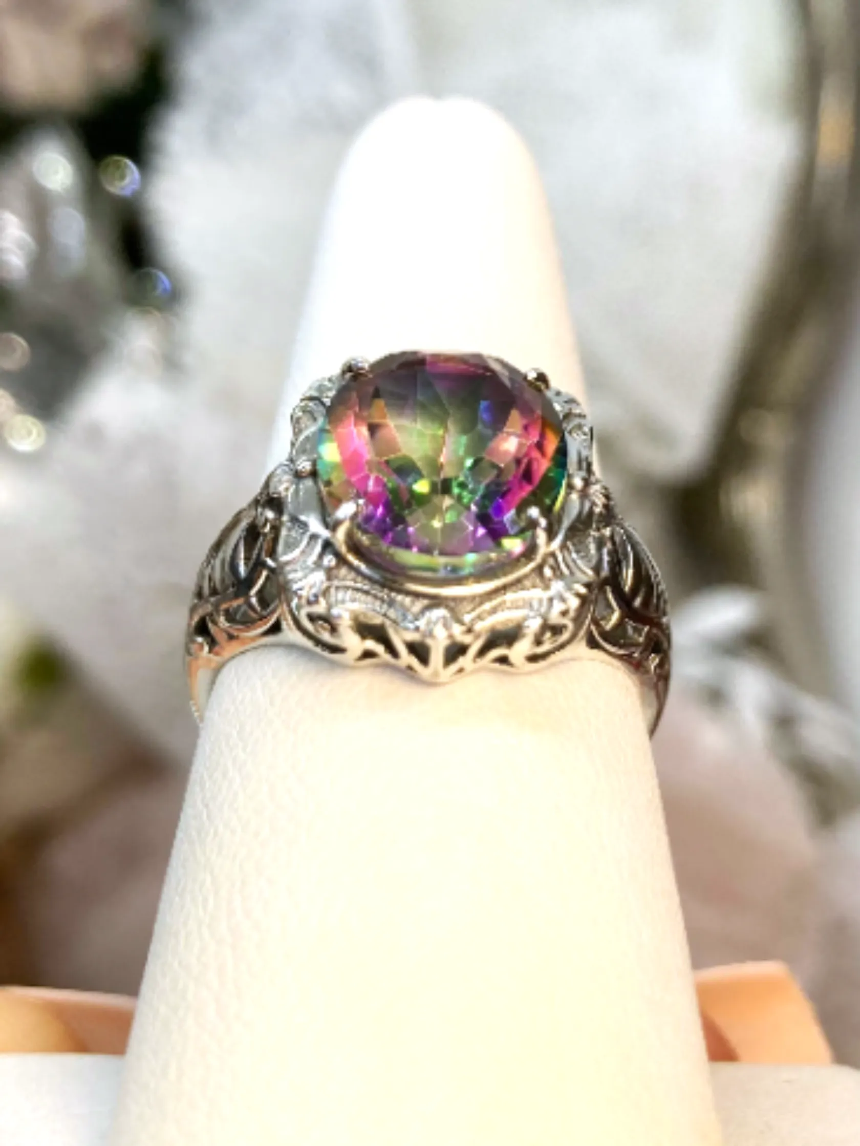 Mystic Topaz Ring, Oval Art Nouveau Style, Vintage Sterling Silver Filigree Ring, Beauty Ring, D229