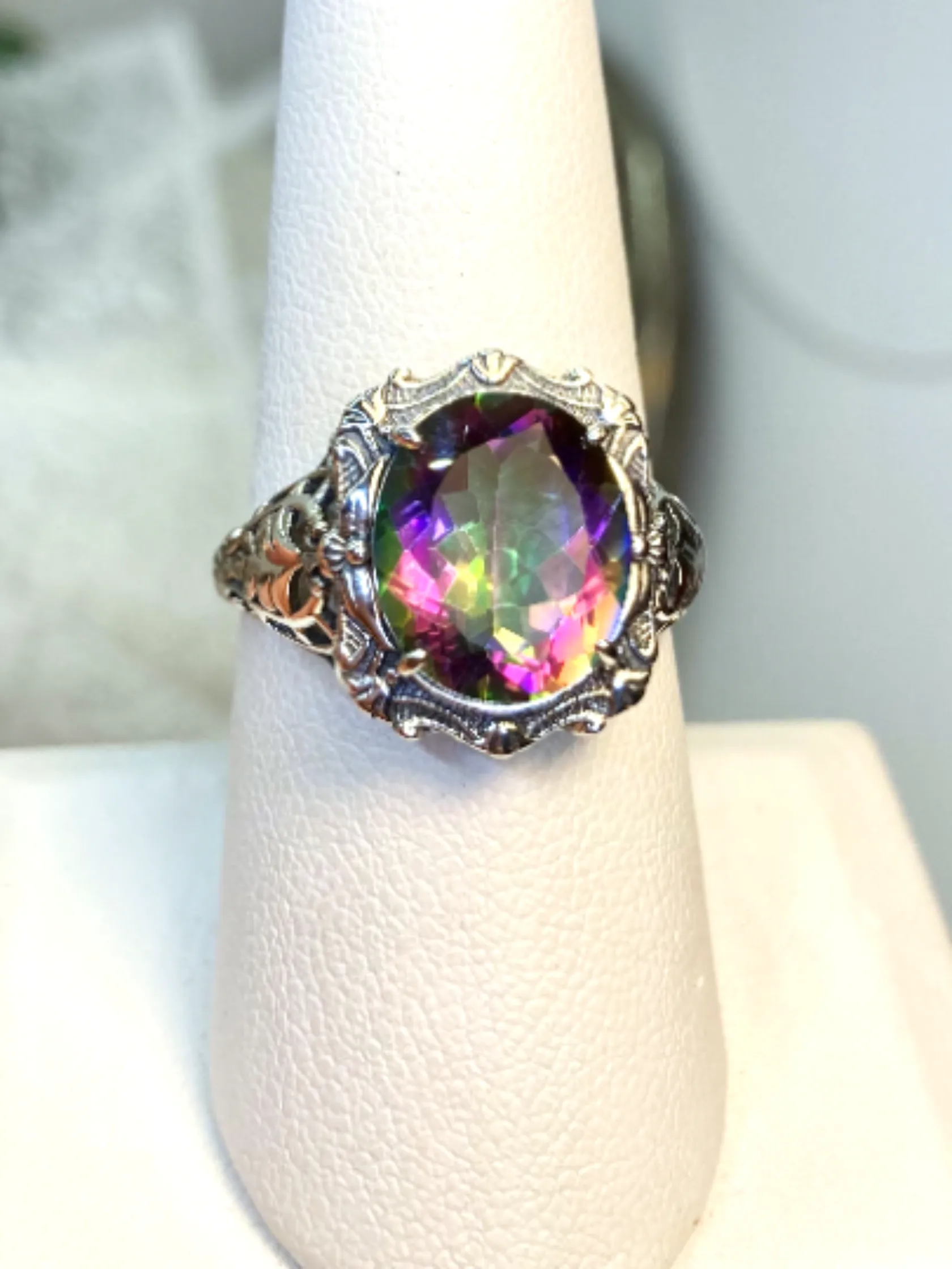 Mystic Topaz Ring, Oval Art Nouveau Style, Vintage Sterling Silver Filigree Ring, Beauty Ring, D229
