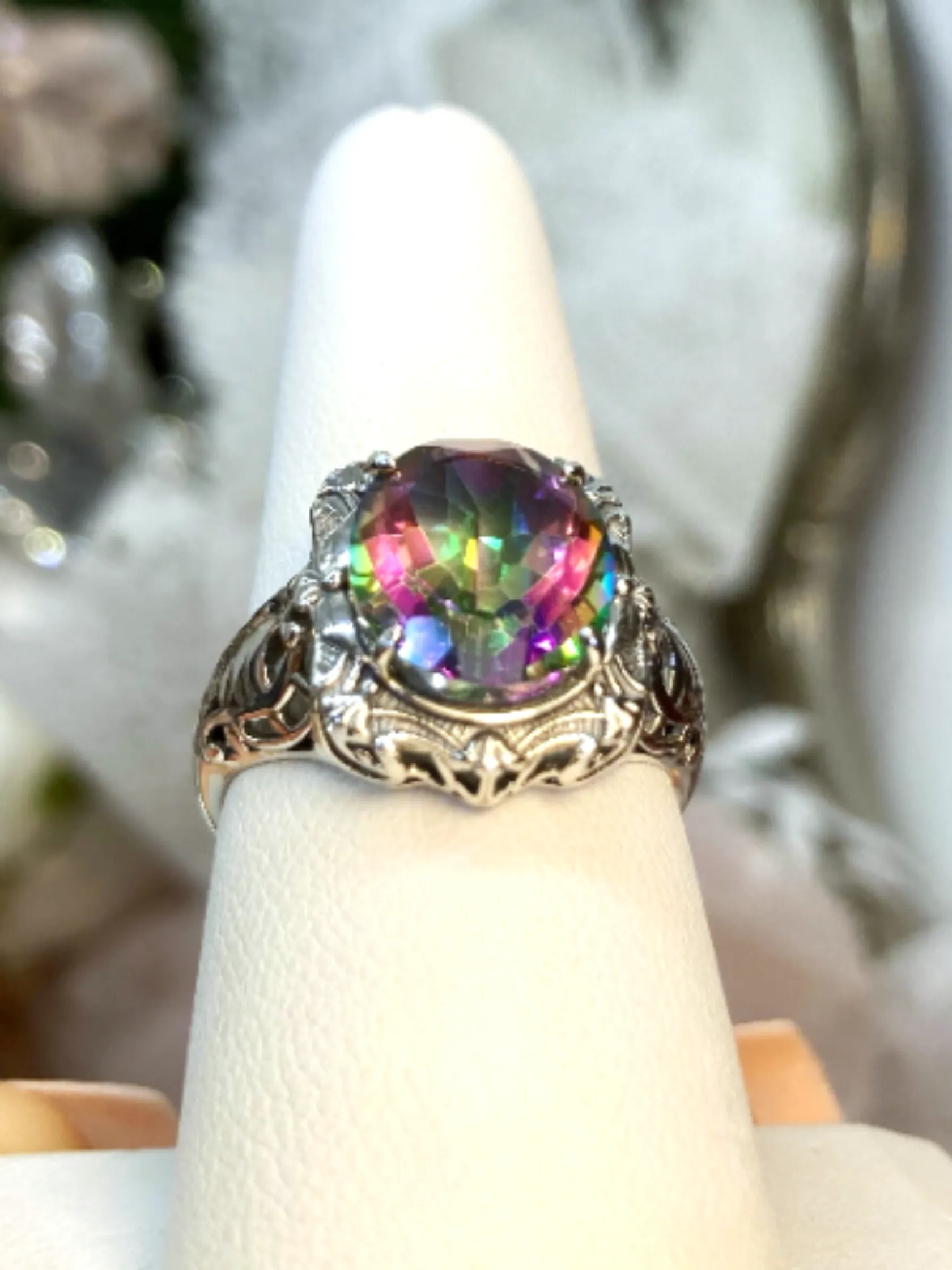 Mystic Topaz Ring, Oval Art Nouveau Style, Vintage Sterling Silver Filigree Ring, Beauty Ring, D229