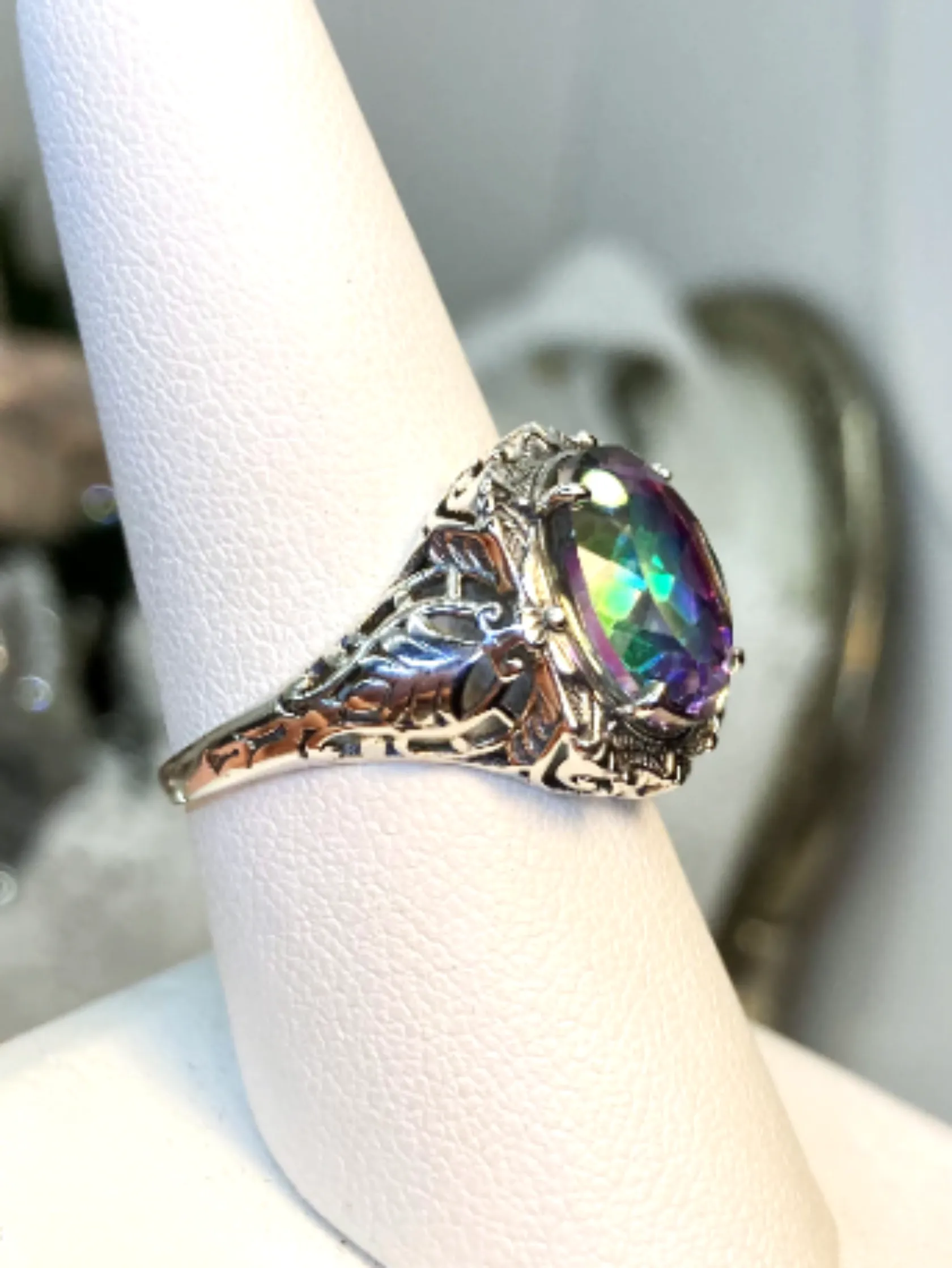 Mystic Topaz Ring, Oval Art Nouveau Style, Vintage Sterling Silver Filigree Ring, Beauty Ring, D229