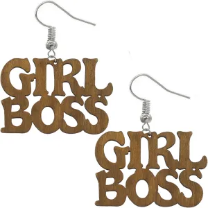 Natural Brown Girl Boss Letter Wooden Earrings