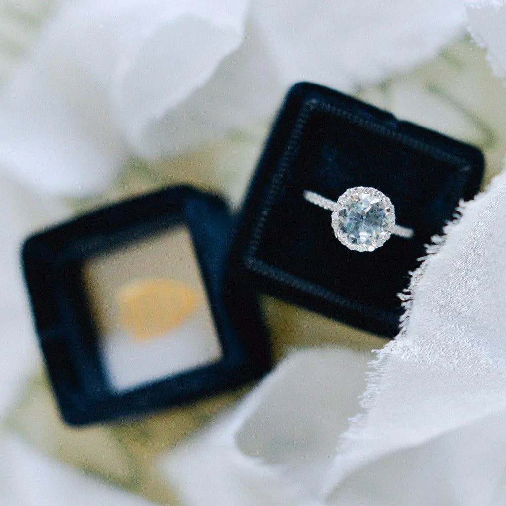 Natural Faceted Round AquaMarine 14k Solid White Gold with Diamond Antique Shoulders and Floral Halo Basket Setting 1.8 CTTW
