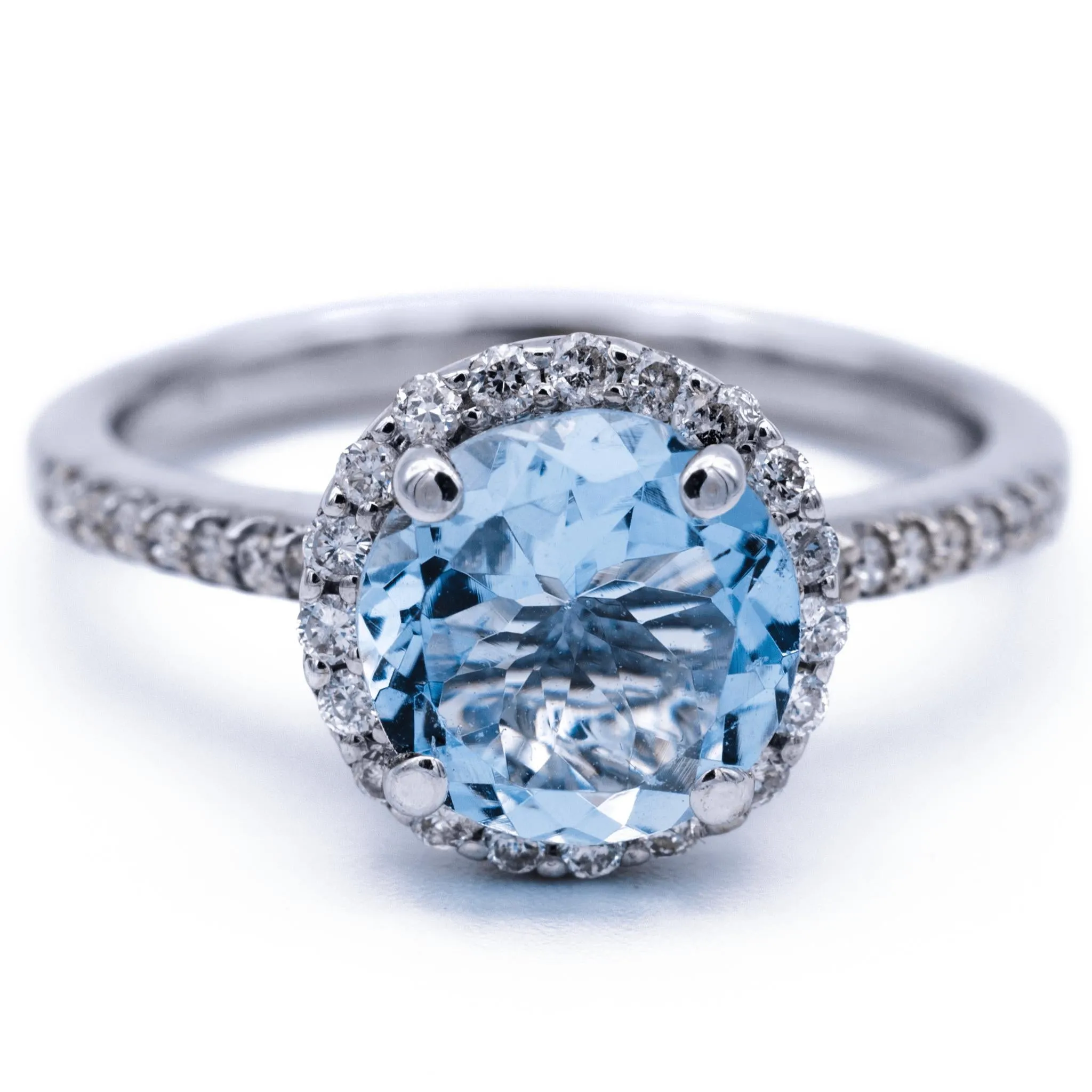 Natural Faceted Round AquaMarine 14k Solid White Gold with Diamond Antique Shoulders and Floral Halo Basket Setting 1.8 CTTW