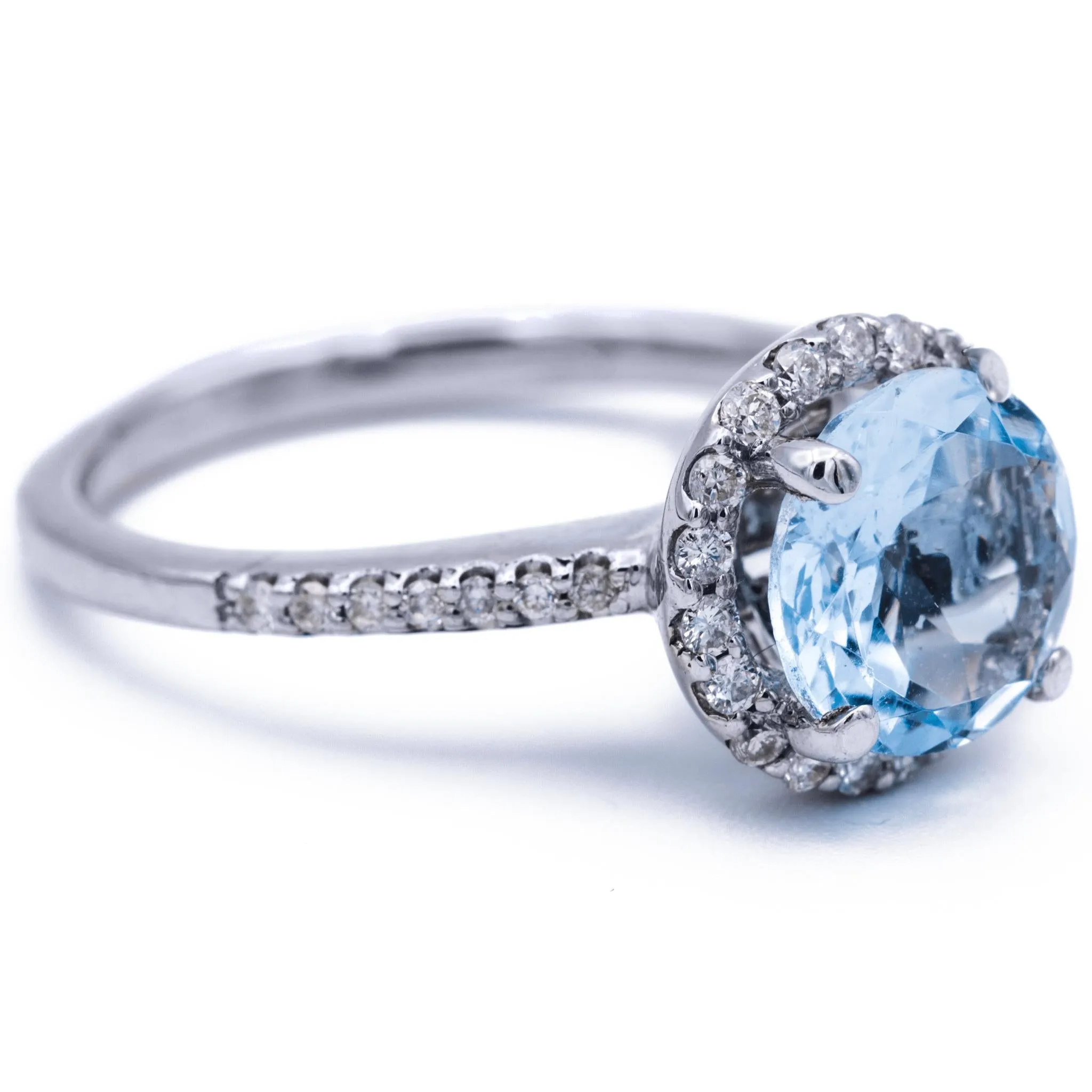 Natural Faceted Round AquaMarine 14k Solid White Gold with Diamond Antique Shoulders and Floral Halo Basket Setting 1.8 CTTW