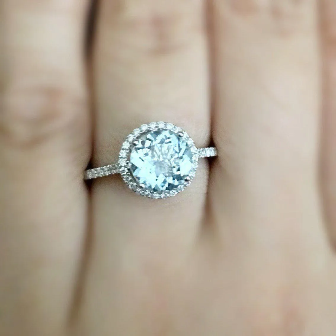 Natural Faceted Round AquaMarine 14k Solid White Gold with Diamond Antique Shoulders and Floral Halo Basket Setting 1.8 CTTW