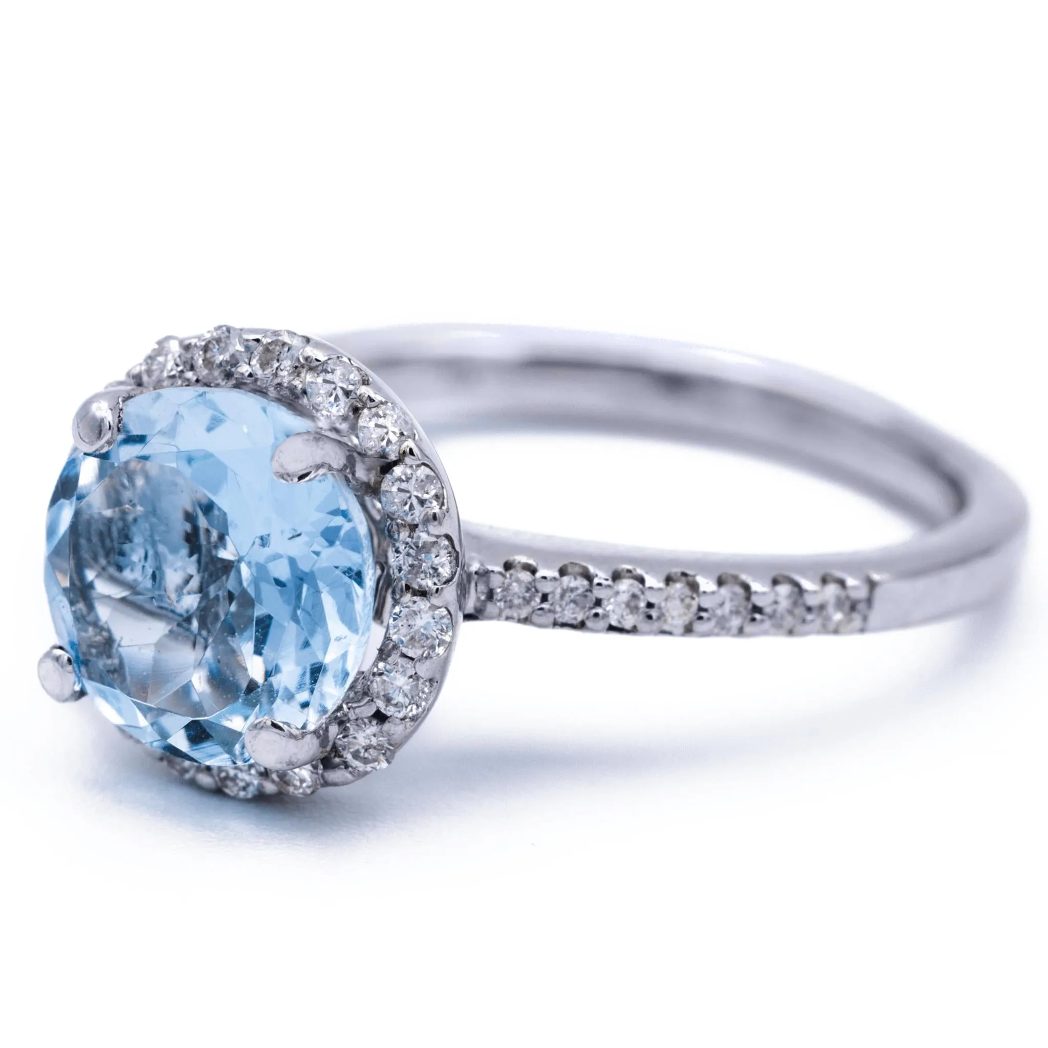 Natural Faceted Round AquaMarine 14k Solid White Gold with Diamond Antique Shoulders and Floral Halo Basket Setting 1.8 CTTW