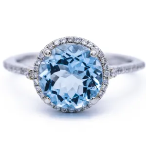 Natural Faceted Round AquaMarine 14k Solid White Gold with Diamond Shoulders and Halo Basket Setting 2.5 Carat Total Weight