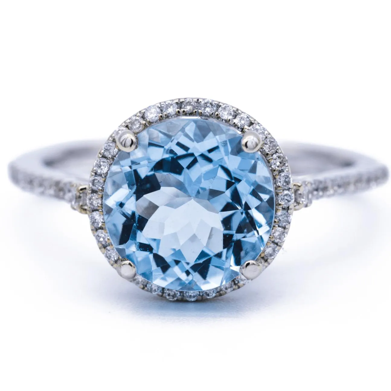 Natural Faceted Round AquaMarine 14k Solid White Gold with Diamond Shoulders and Halo Basket Setting 2.5 Carat Total Weight