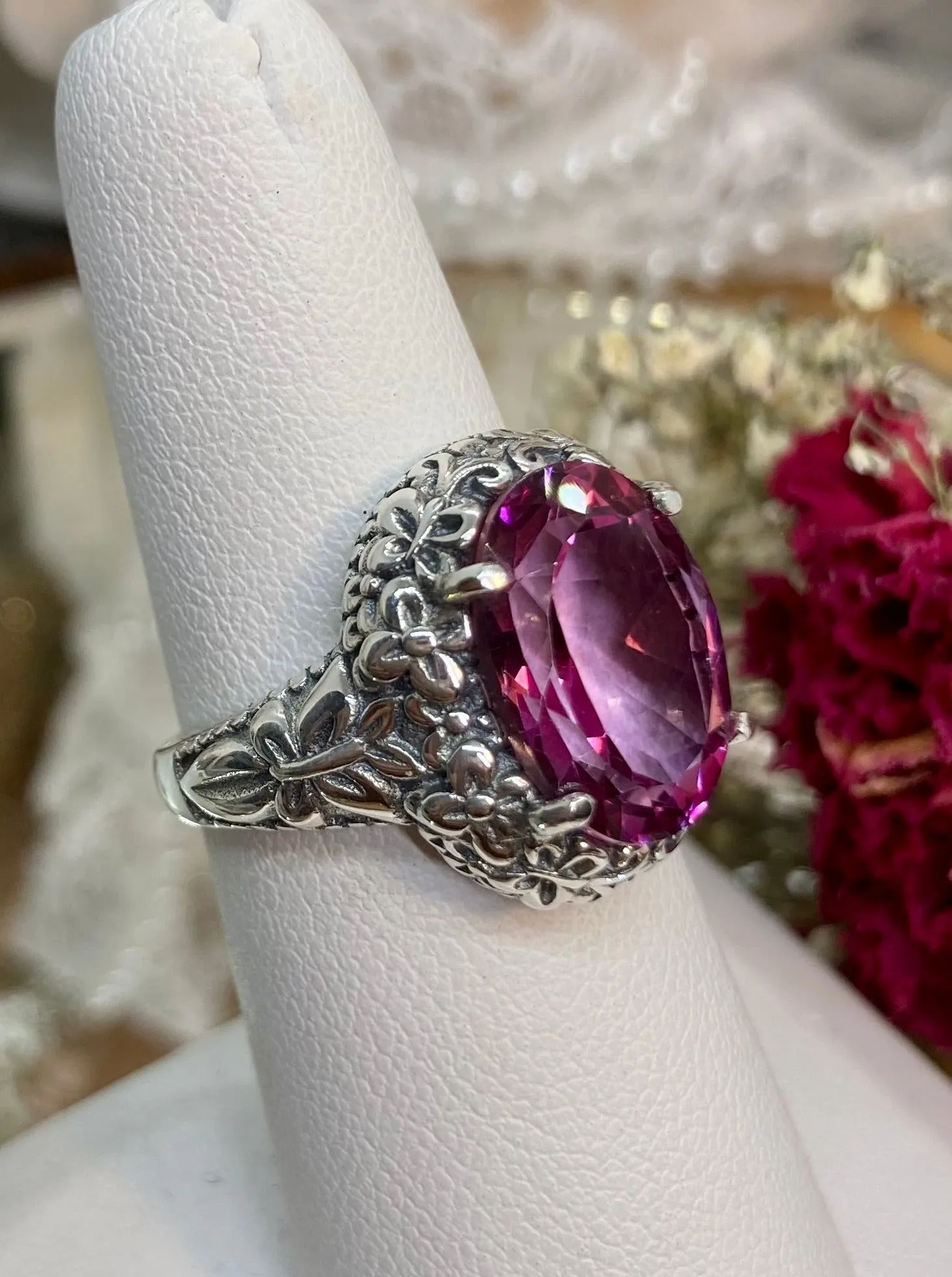 Natural Pink Topaz Butterfly Ring, Size 7, Oval Gemstone, Art Nouveau Vintage Ring, D79
