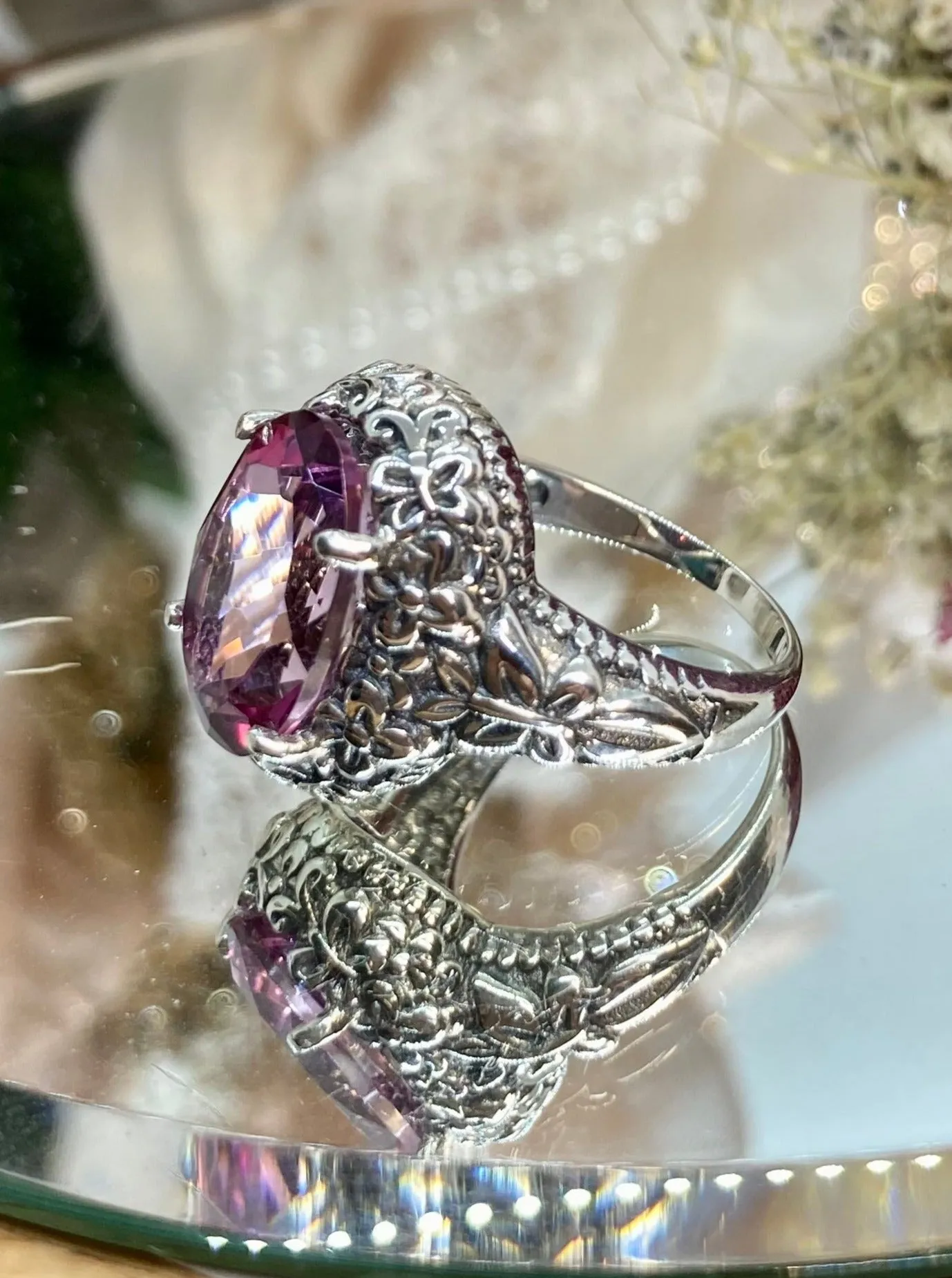 Natural Pink Topaz Butterfly Ring, Size 7, Oval Gemstone, Art Nouveau Vintage Ring, D79