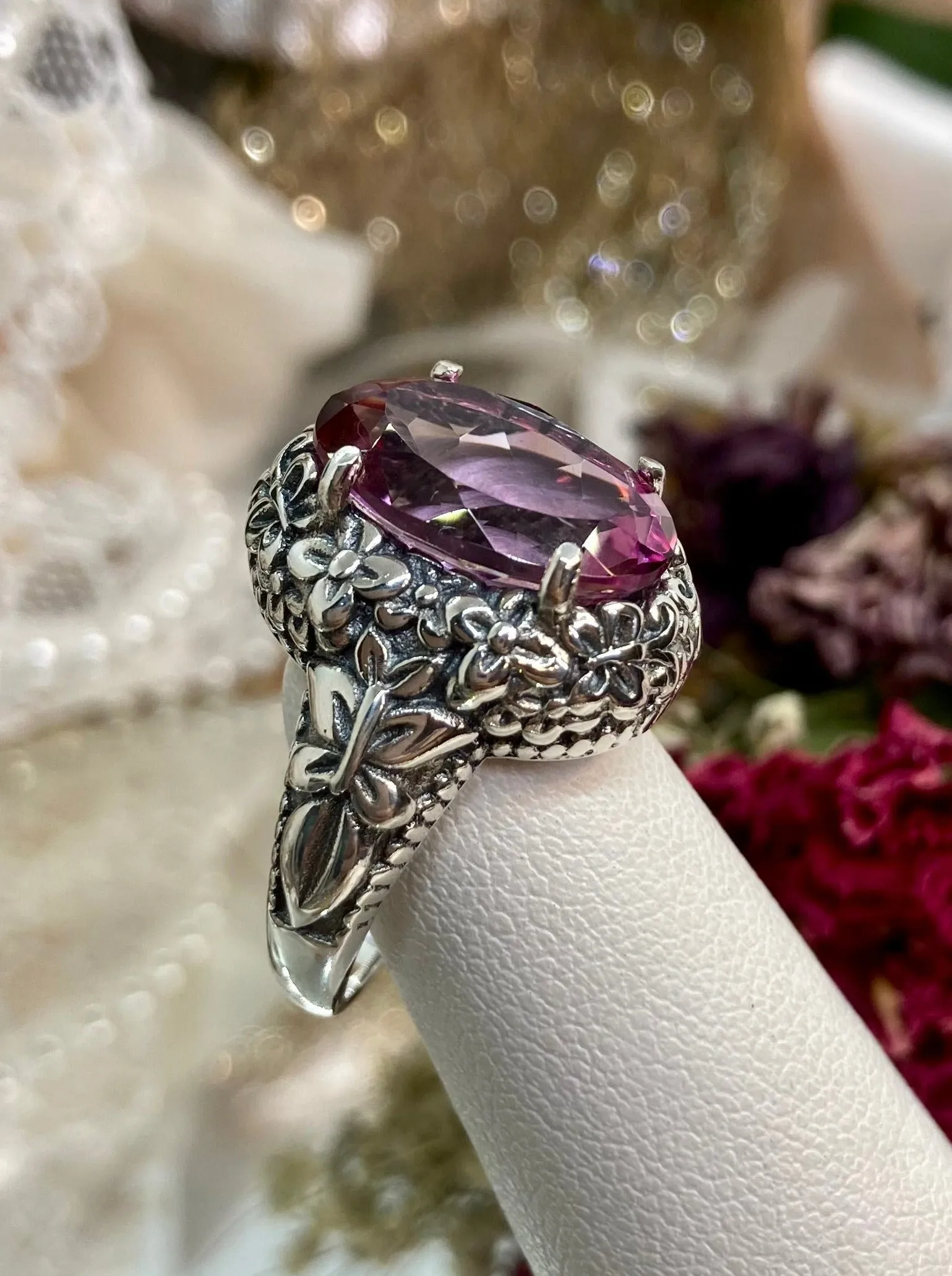 Natural Pink Topaz Butterfly Ring, Size 7, Oval Gemstone, Art Nouveau Vintage Ring, D79