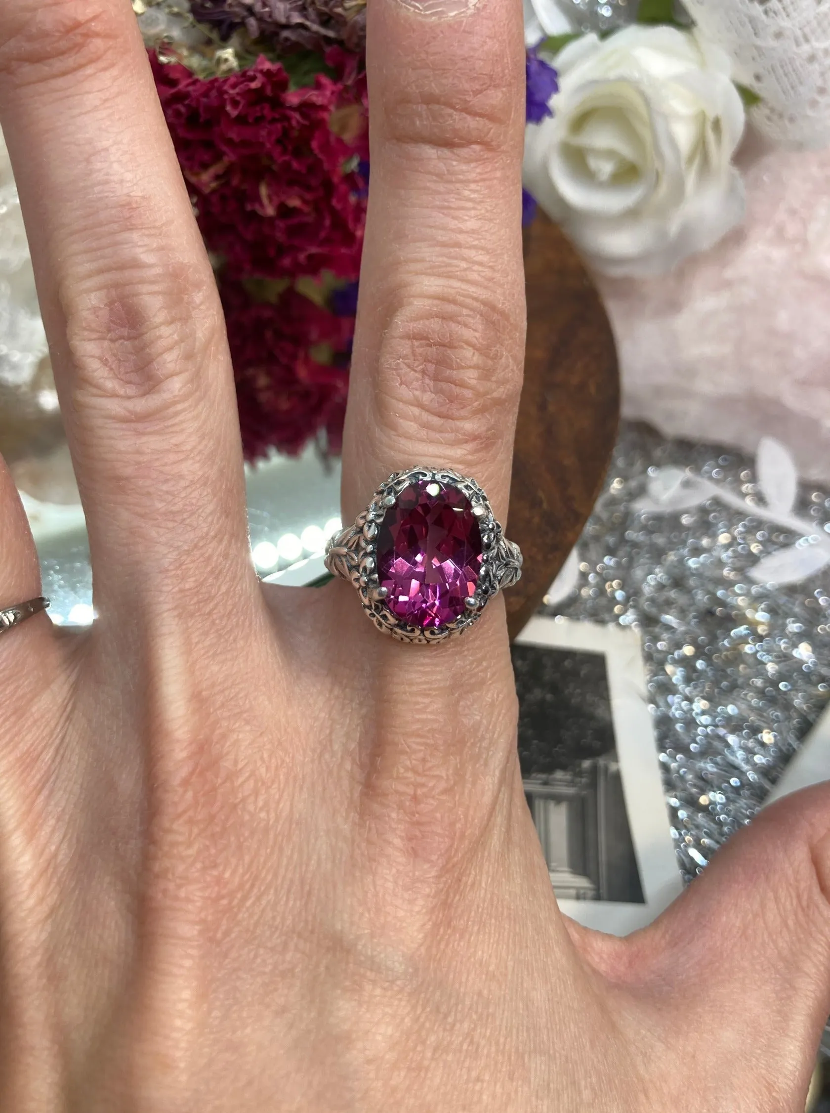 Natural Pink Topaz Butterfly Ring, Size 7, Oval Gemstone, Art Nouveau Vintage Ring, D79