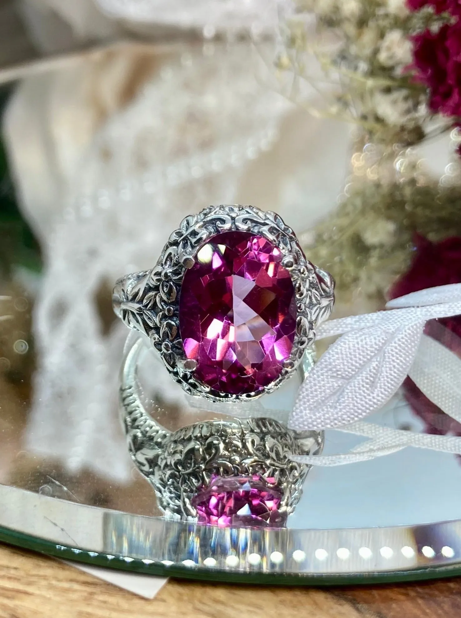 Natural Pink Topaz Butterfly Ring, Size 7, Oval Gemstone, Art Nouveau Vintage Ring, D79