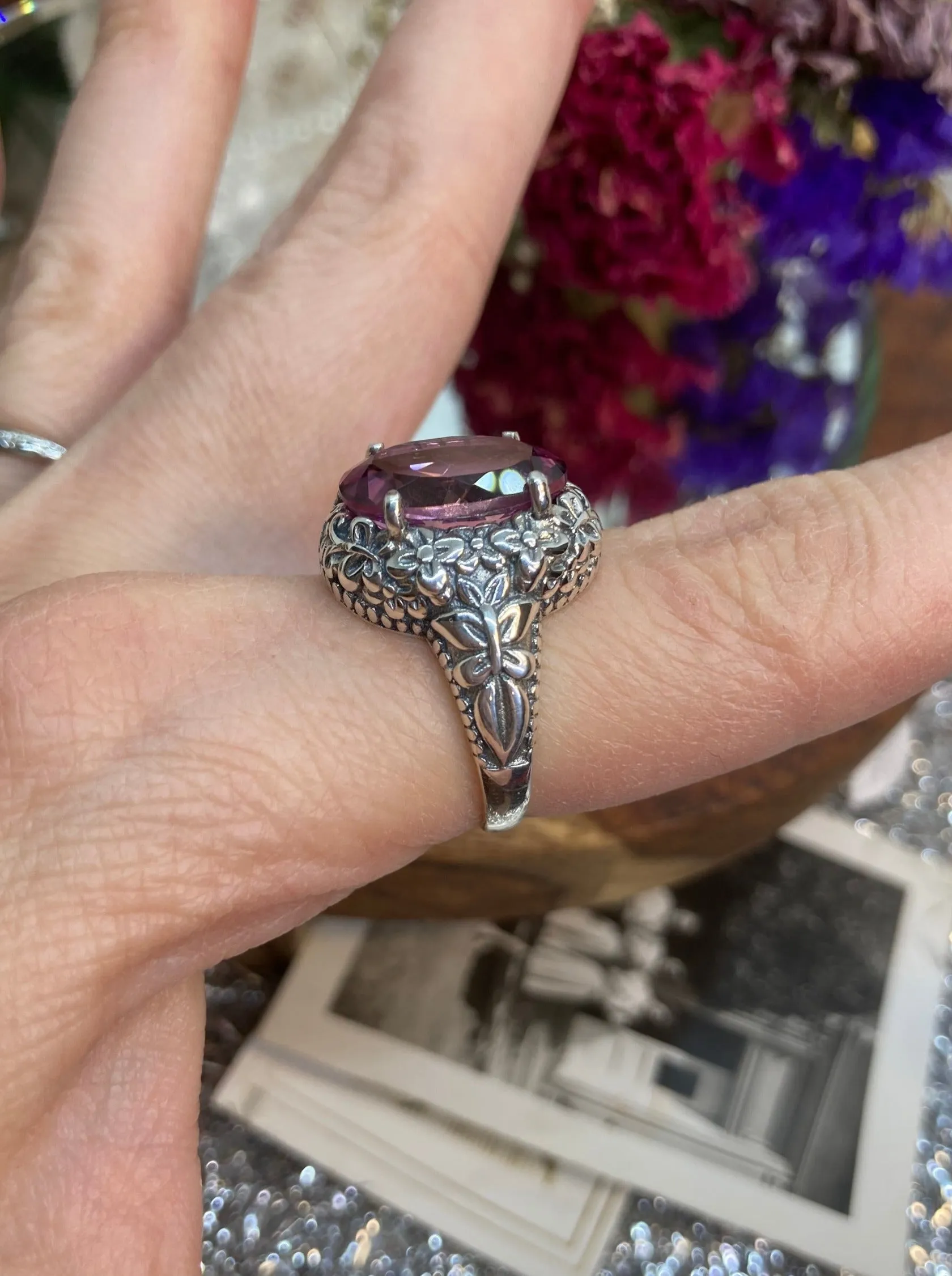 Natural Pink Topaz Butterfly Ring, Size 7, Oval Gemstone, Art Nouveau Vintage Ring, D79