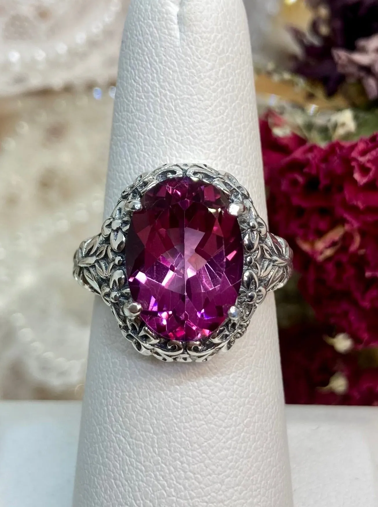 Natural Pink Topaz Butterfly Ring, Size 9, Oval Gemstone, Art Nouveau Vintage Ring, D79