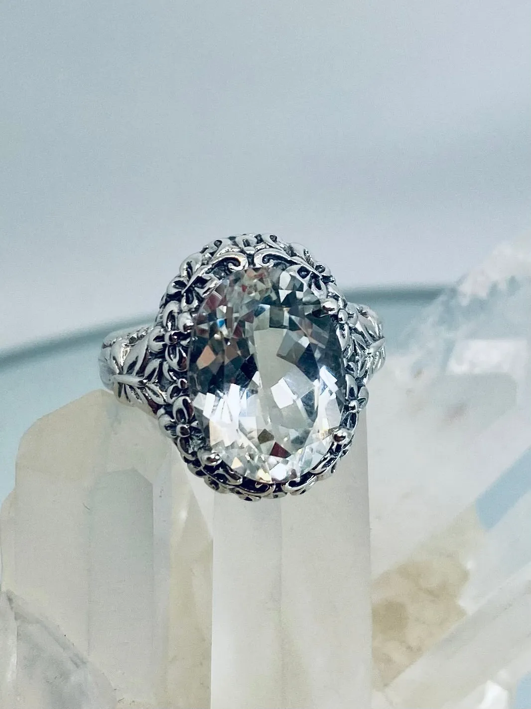 Natural White Topaz Butterfly Ring, Oval Gemstone, Art Nouveau Vintage Ring, D79