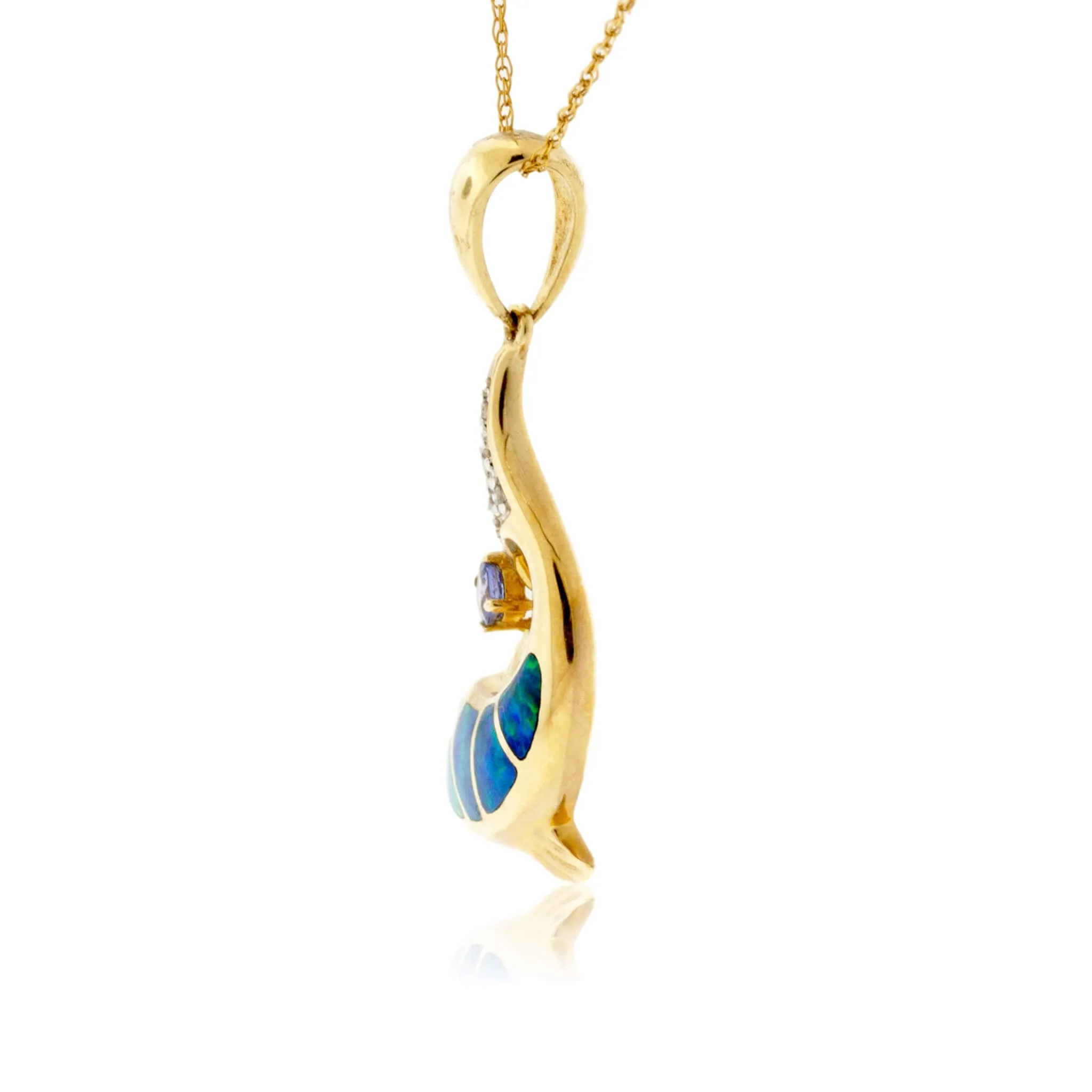 Opal Inlay, Tanzanite & Diamond Dolphin Swimming Pendant