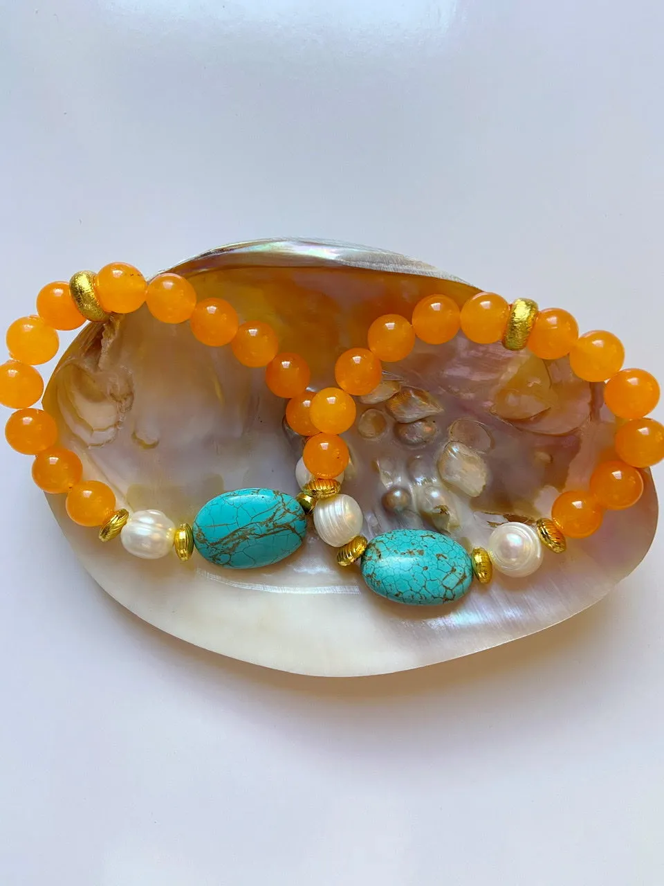Orange Malaysian Jade and Turquoise Gemstone Bracelet with Baroque Pearls