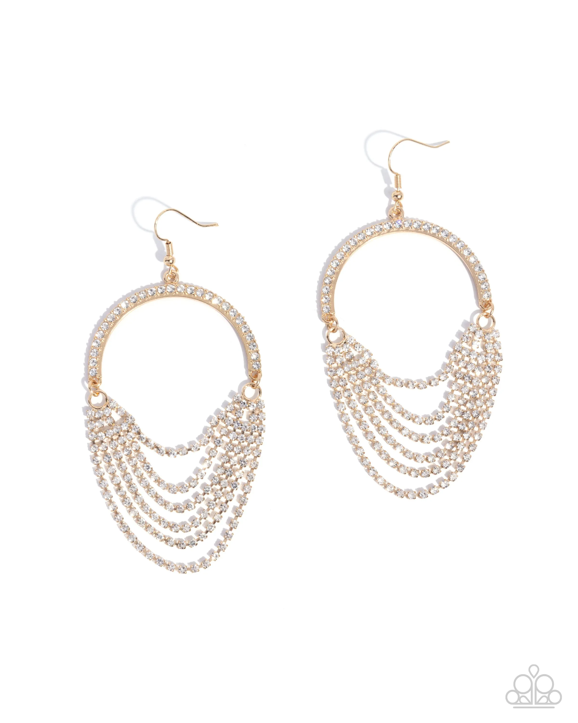 Ostentatious Opulence - Gold - White Rhinestone Looped Strand Paparazzi Fishhook Earrings - 2025 Empower Me Pink Exclusive