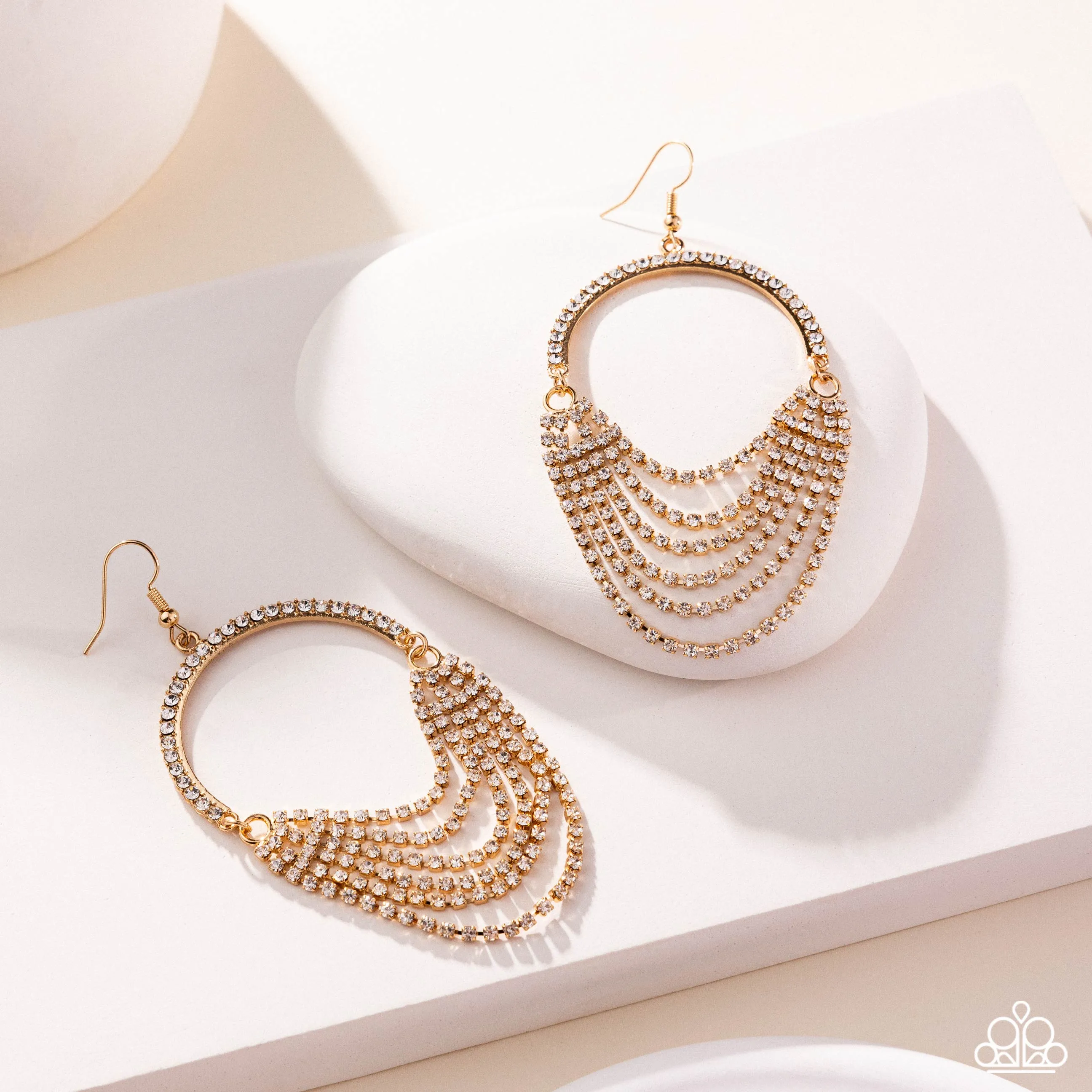 Ostentatious Opulence - Gold - White Rhinestone Looped Strand Paparazzi Fishhook Earrings - 2025 Empower Me Pink Exclusive
