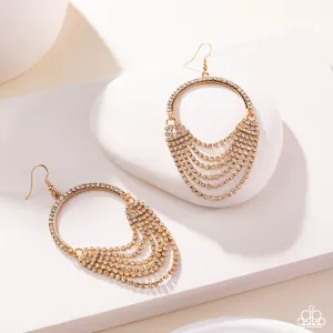 Ostentatious Opulence - Gold - White Rhinestone Looped Strand Paparazzi Fishhook Earrings - 2025 Empower Me Pink Exclusive