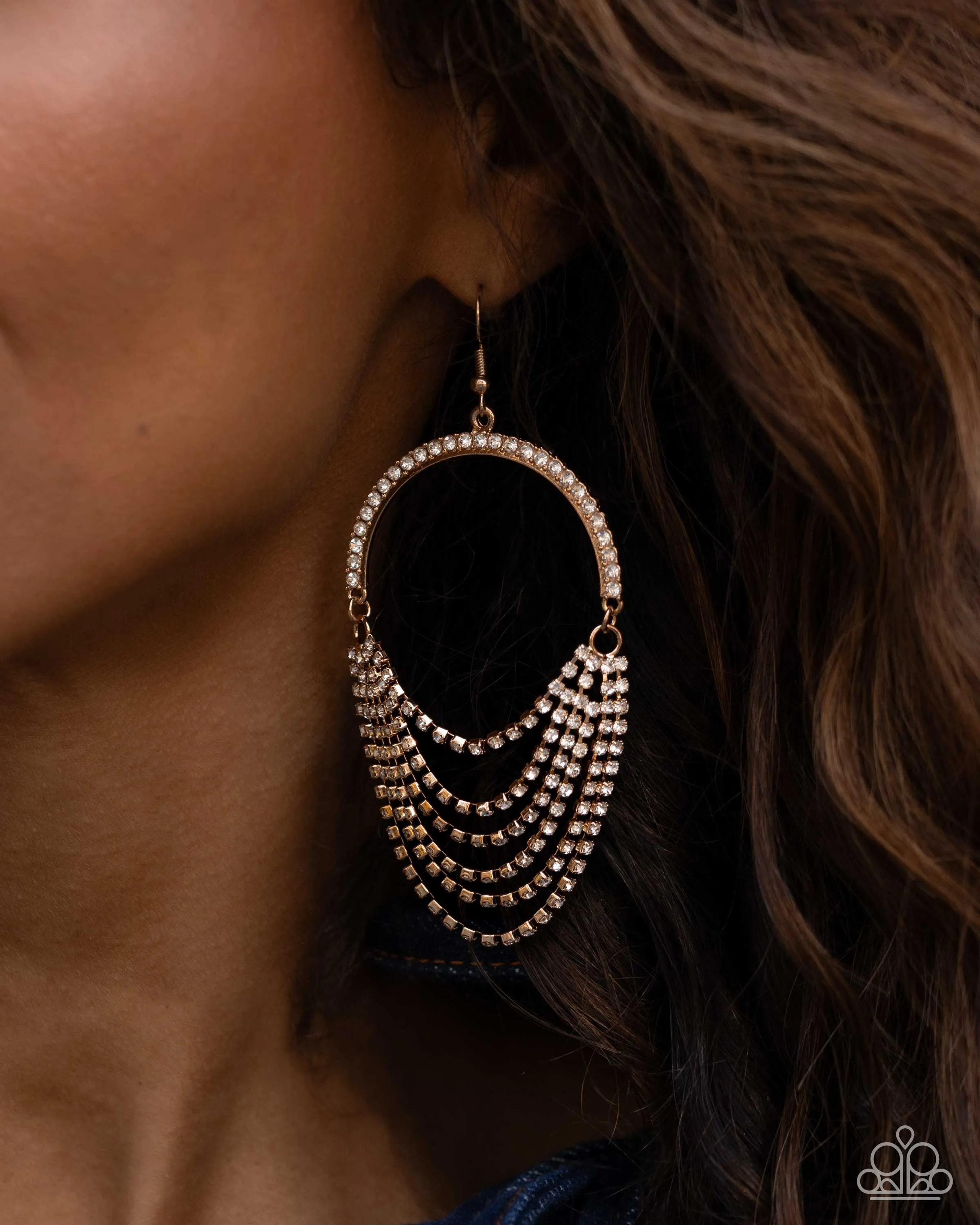 Ostentatious Opulence - Gold - White Rhinestone Looped Strand Paparazzi Fishhook Earrings - 2025 Empower Me Pink Exclusive