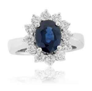 Oval Blue Sapphire & Classic Diamond Halo Ring