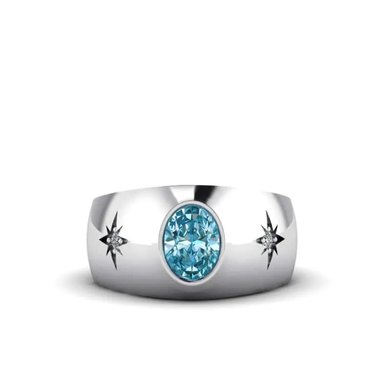 Oval Gemstone Men's Ring 925 Silver Wide Engagement Band