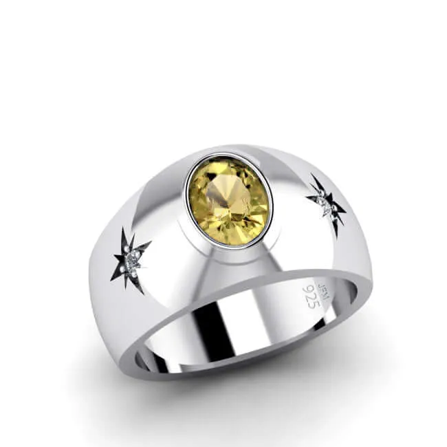Oval Gemstone Men's Ring 925 Silver Wide Engagement Band