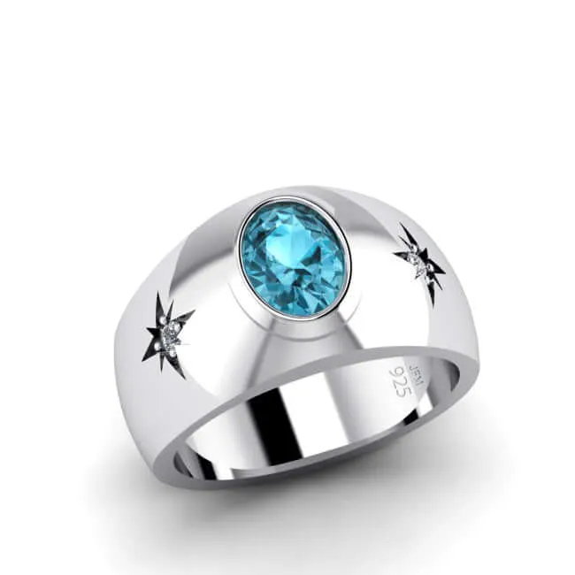 Oval Gemstone Men's Ring 925 Silver Wide Engagement Band