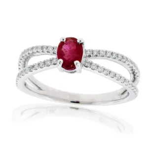 Oval Red Emerald with Diamond Split Shank Ring