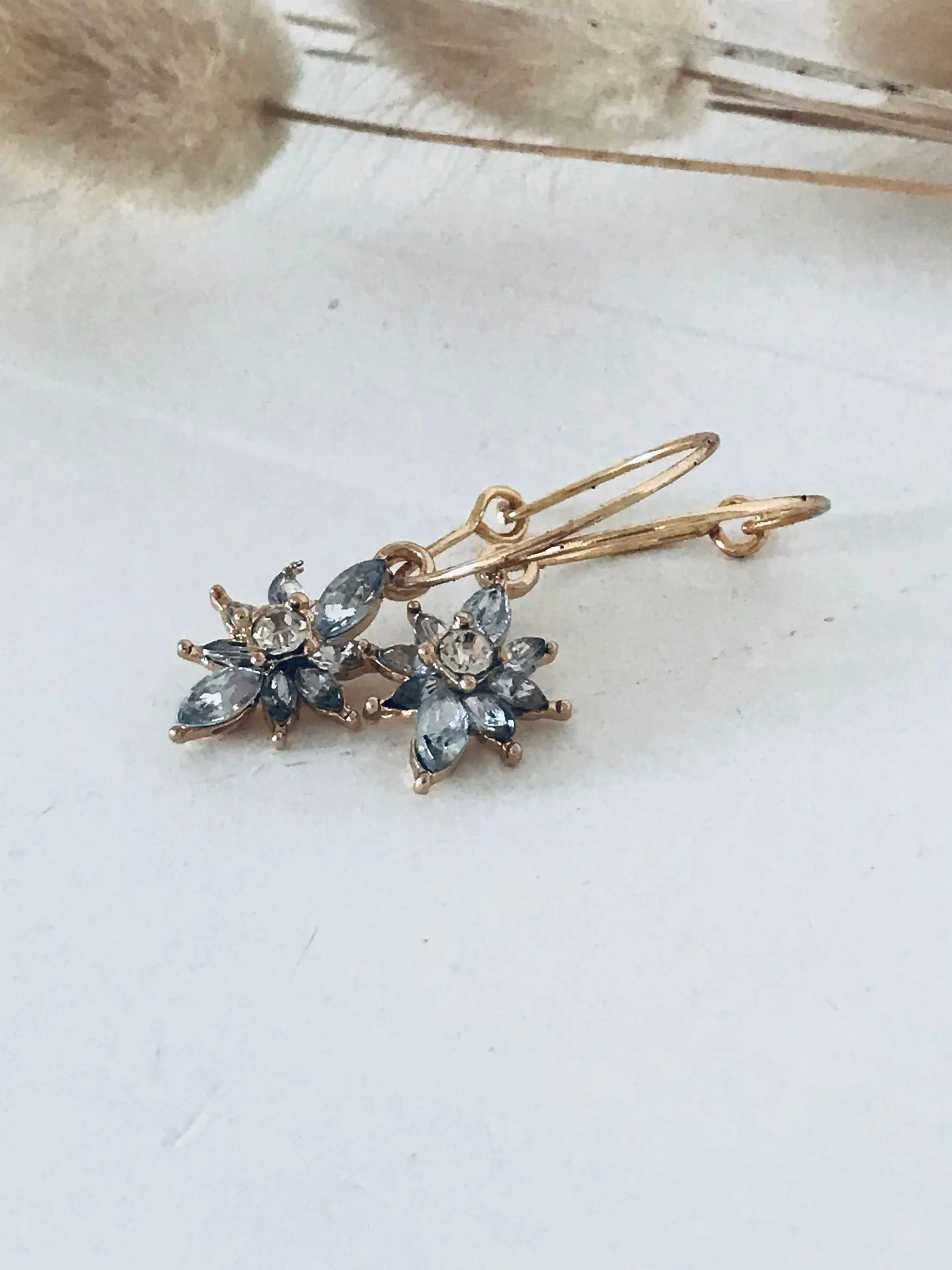 Pale Blue Bejeweled Flower Earrings