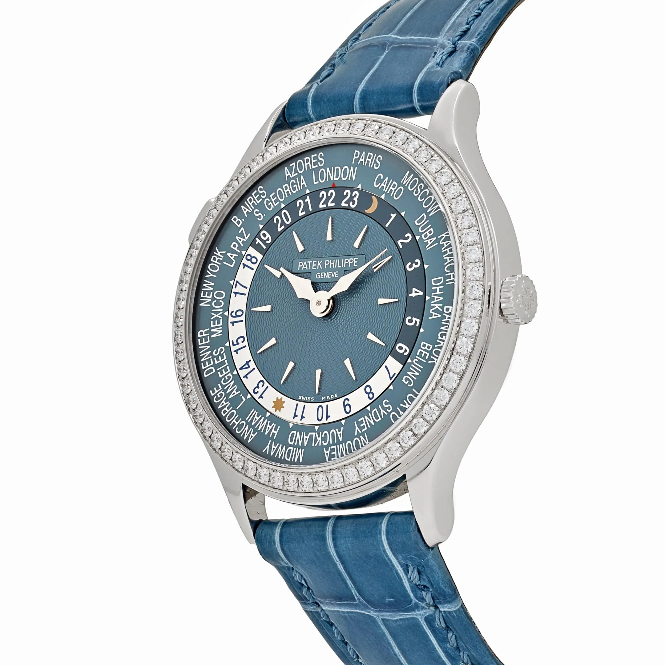 Patek Philippe Complications 7130G-016 Ladies World Time l White Gold Gray-Blue Dial Diamond Bezel (2024)