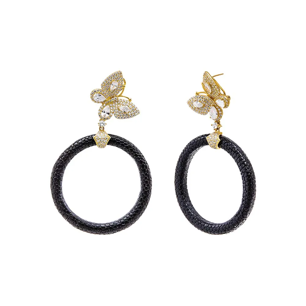 Pave Butterfly Drop Open Circle Drop Earring