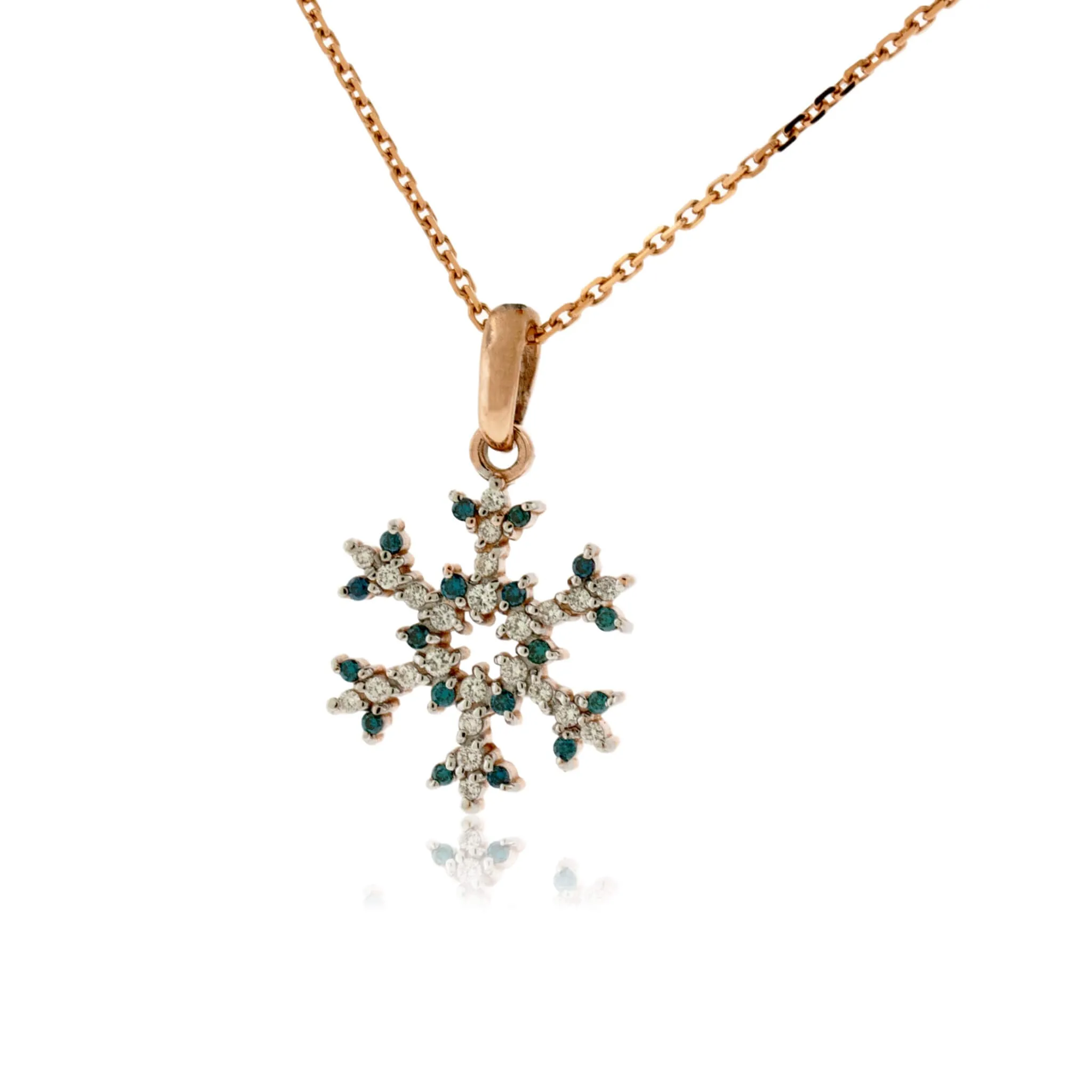 Pave Diamond and Blue Diamond Tipped Snowflake Necklace