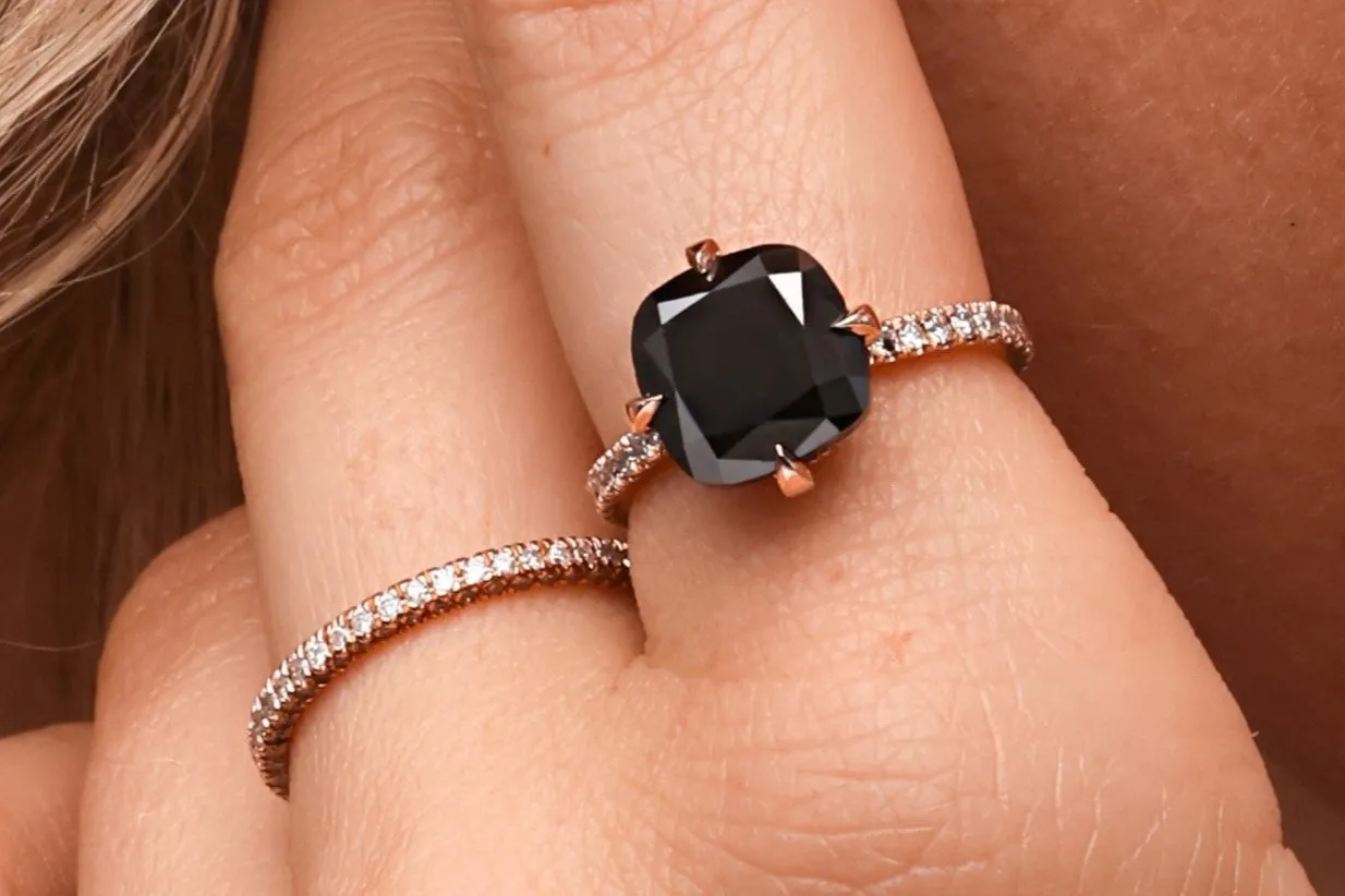 Portal - Compass  Natural Black Diamond Cushion Engagement Ring