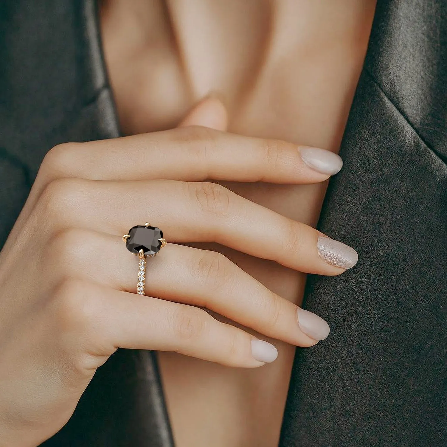 Portal - Compass  Natural Black Diamond Cushion Engagement Ring