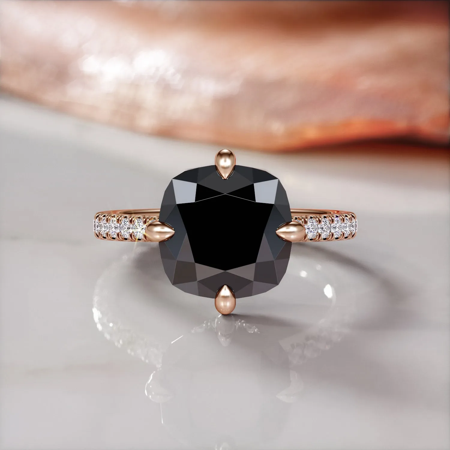 Portal - Compass  Natural Black Diamond Cushion Engagement Ring