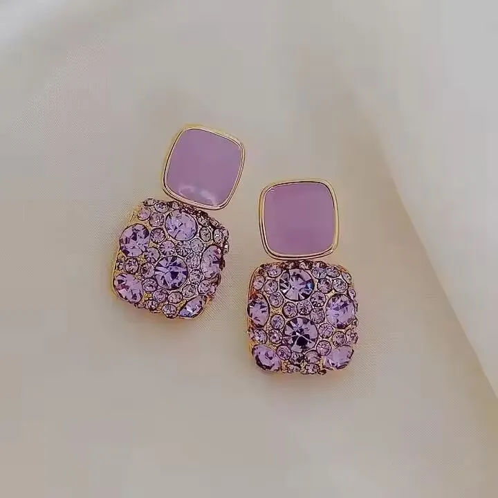 Preffers® Korean Style Purple Crystal Square Earrings – Trendy & Elegant