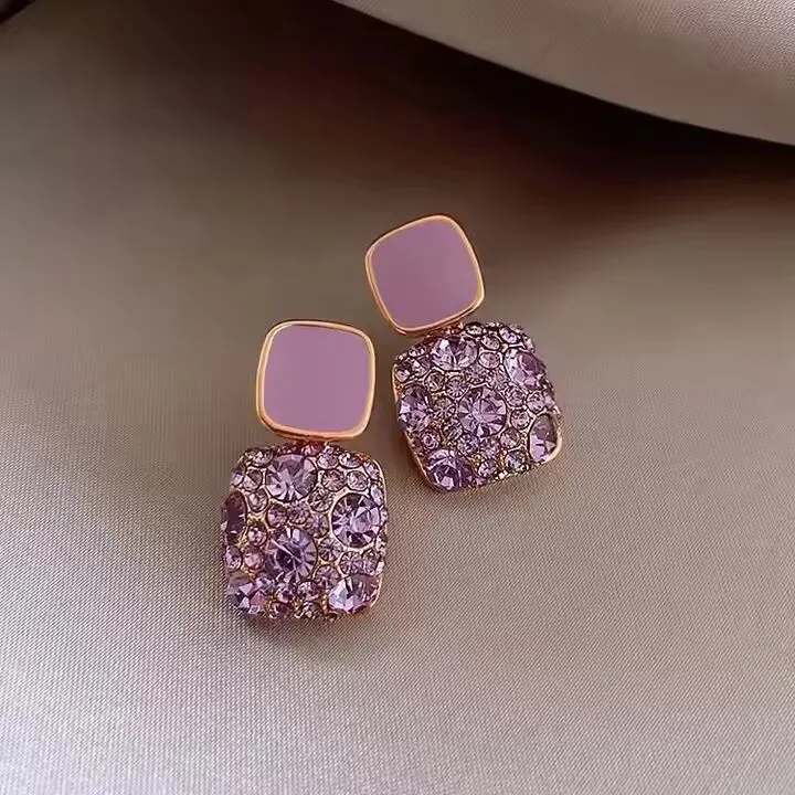Preffers® Korean Style Purple Crystal Square Earrings – Trendy & Elegant