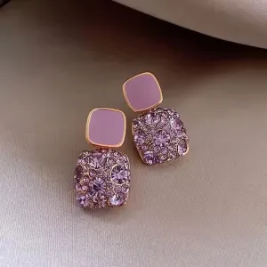Preffers® Korean Style Purple Crystal Square Earrings – Trendy & Elegant