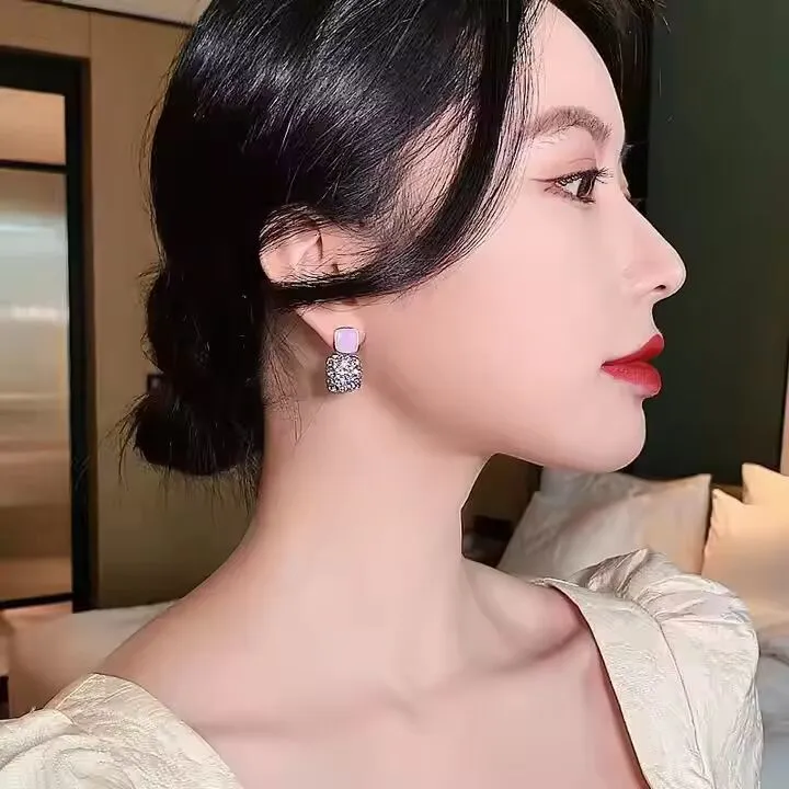 Preffers® Korean Style Purple Crystal Square Earrings – Trendy & Elegant