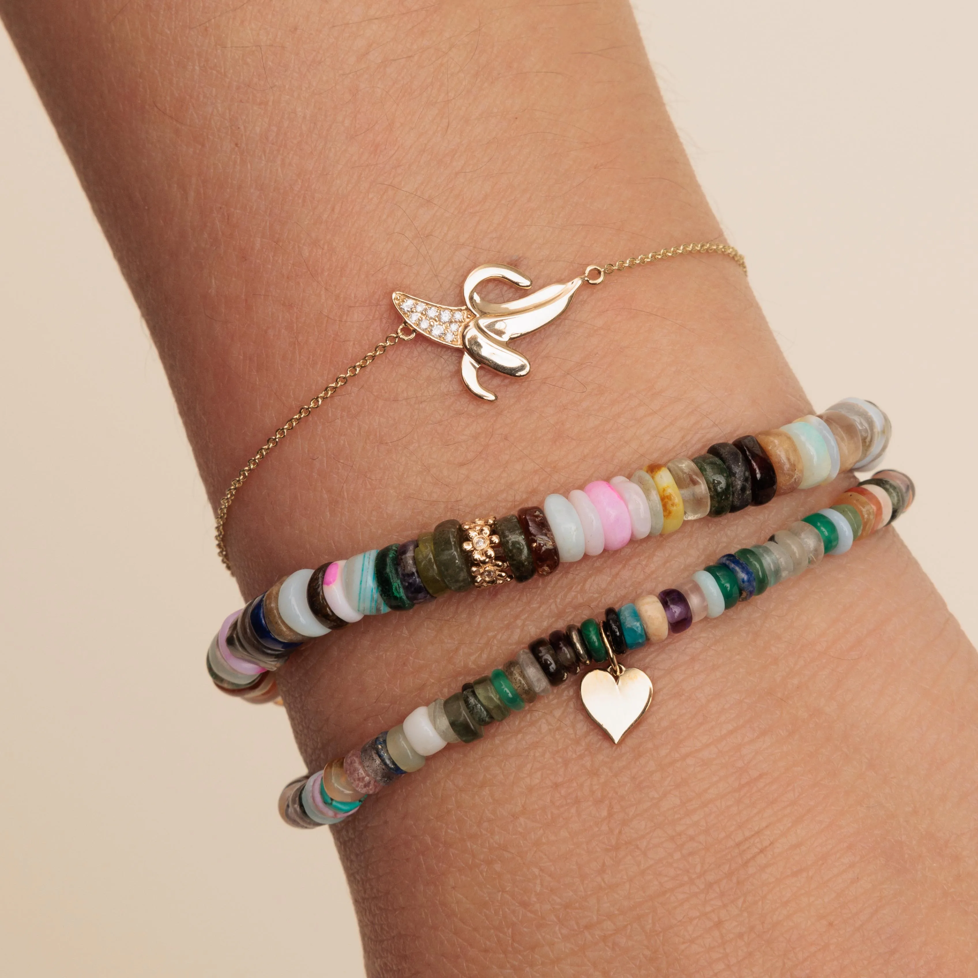 Pure Gold Tiny Heart on Rainbow Heishi