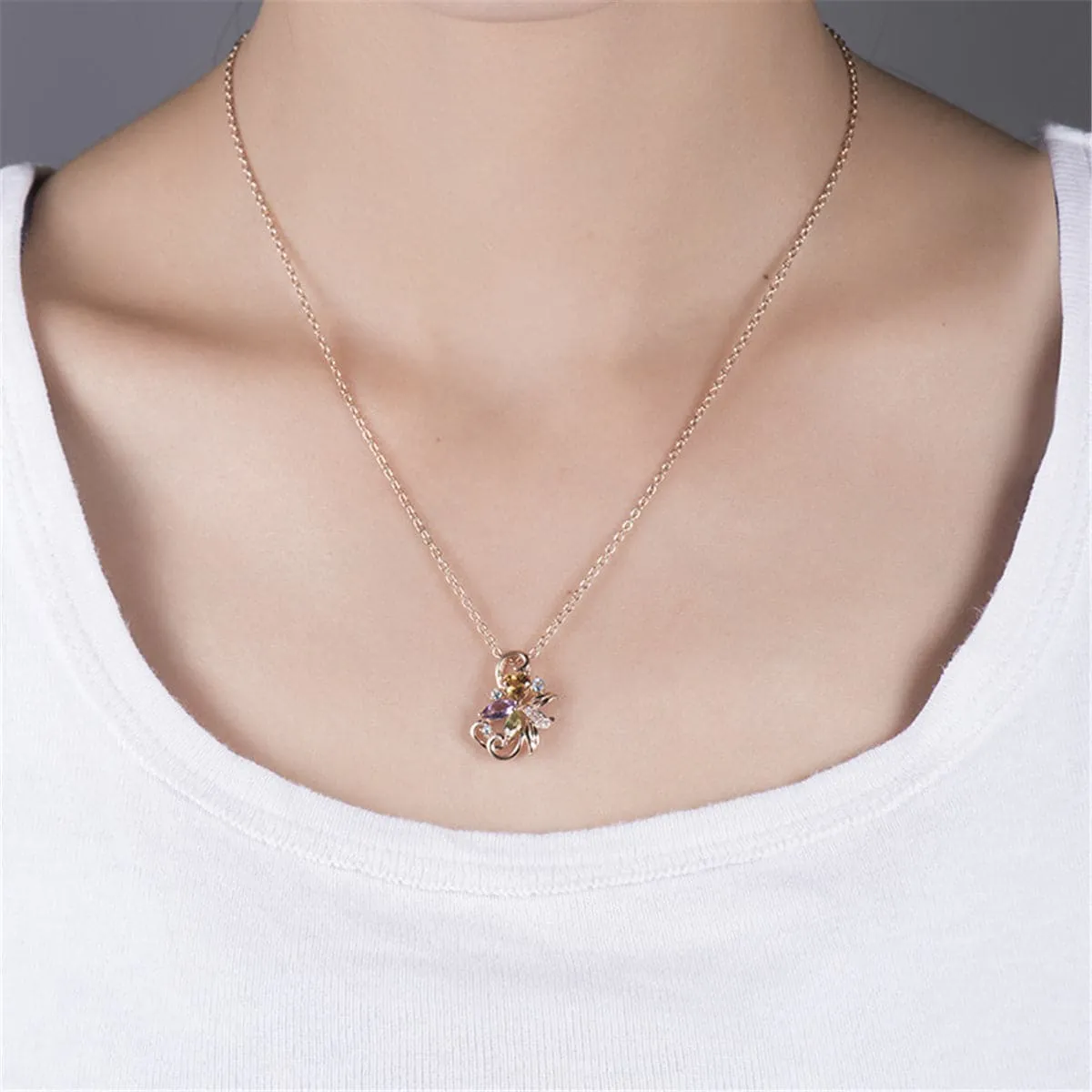 Purple & Orange Crystal Cubic Zirconia Floral Pendant Necklace