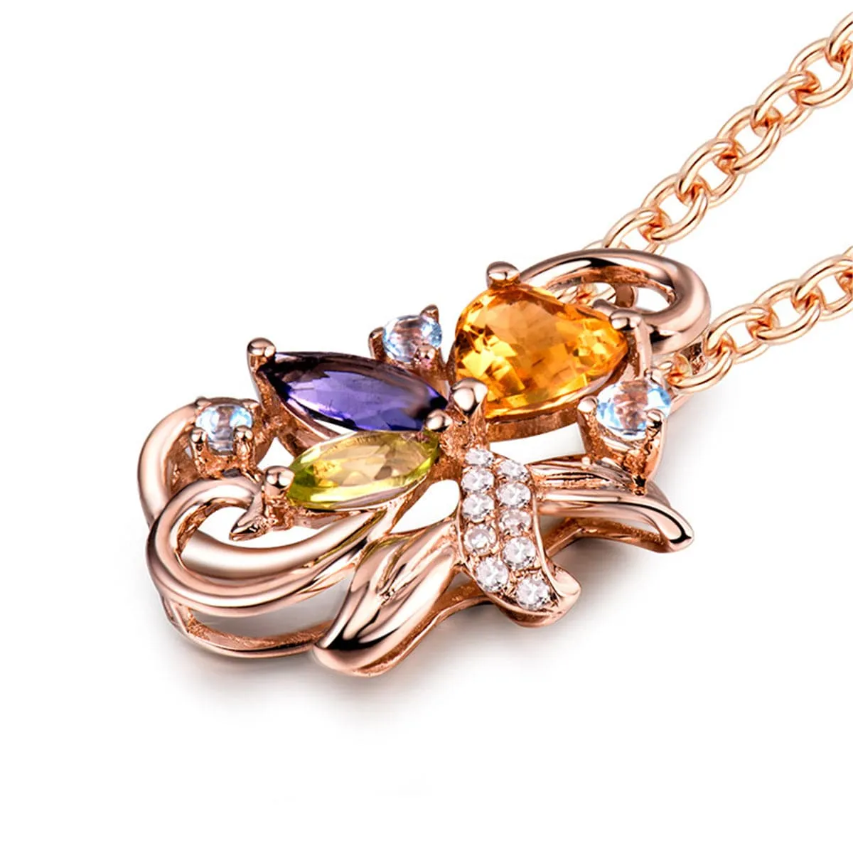 Purple & Orange Crystal Cubic Zirconia Floral Pendant Necklace